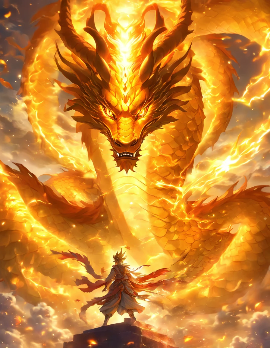 「Make an illustration of the golden dragon god。Long as a snake、Heading Up、Shōryū、Sunny sky、spiritual、Spirit、chakra、Spiritual world、Fantastical」
