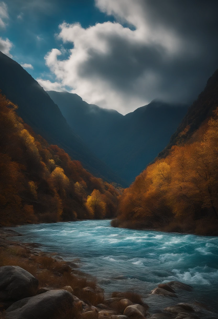 Cloudy sky, raios solares, Meio-dia, mountains and rivers with clear blue waters, 4k, Surrealismo