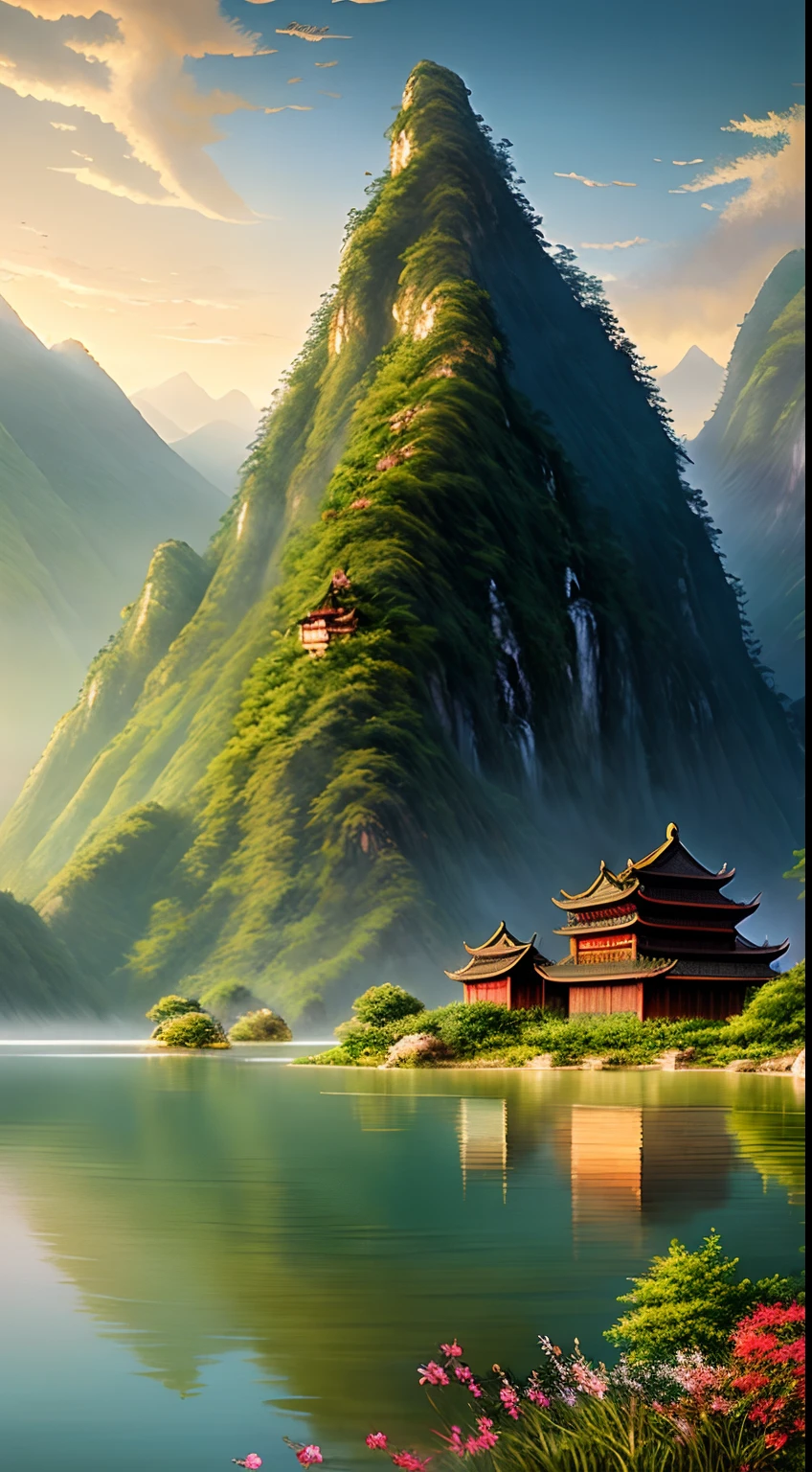 Realistic in the morning, Chinese buildings in the mountains, magnificent, John Howe landscape, lake, china, dragon, clouds, farm, fairy tale wlop, light effect, dream, Greg rutkowski, artstation