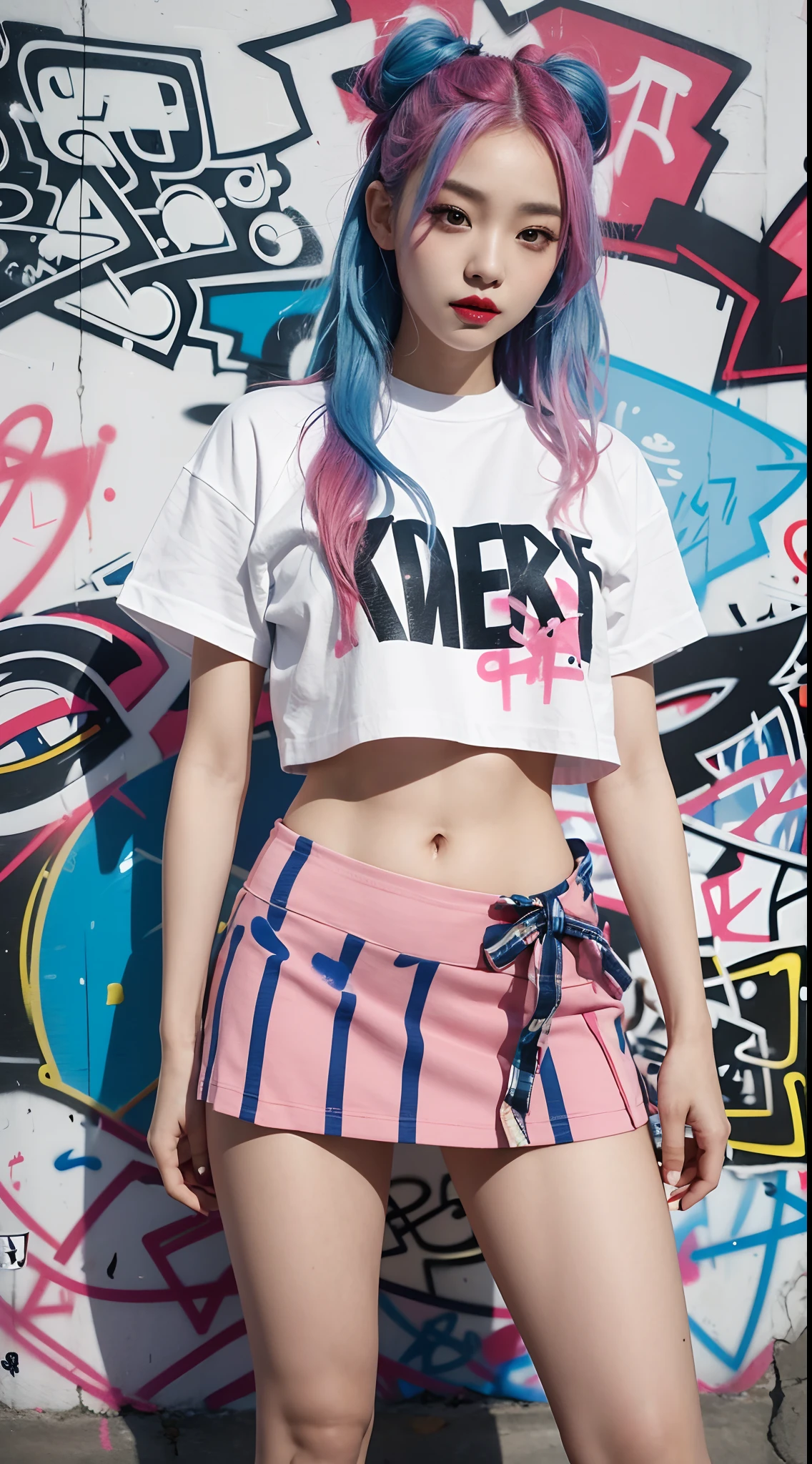 best quality, Clarity, 4k, 8k, detail, actual, Beautiful Girl, Korean makeup, Red lips, pink and blue hair, Perfect body, thigh, stand, pose standing, medium chest, Graffiti crop top, Checkered striped skirt, Solid graffiti wall background, Graffiti art,