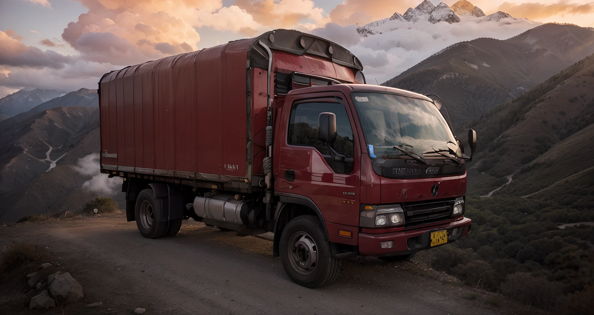 Add Road with Mountainous Background Intense Colors, cabina roja