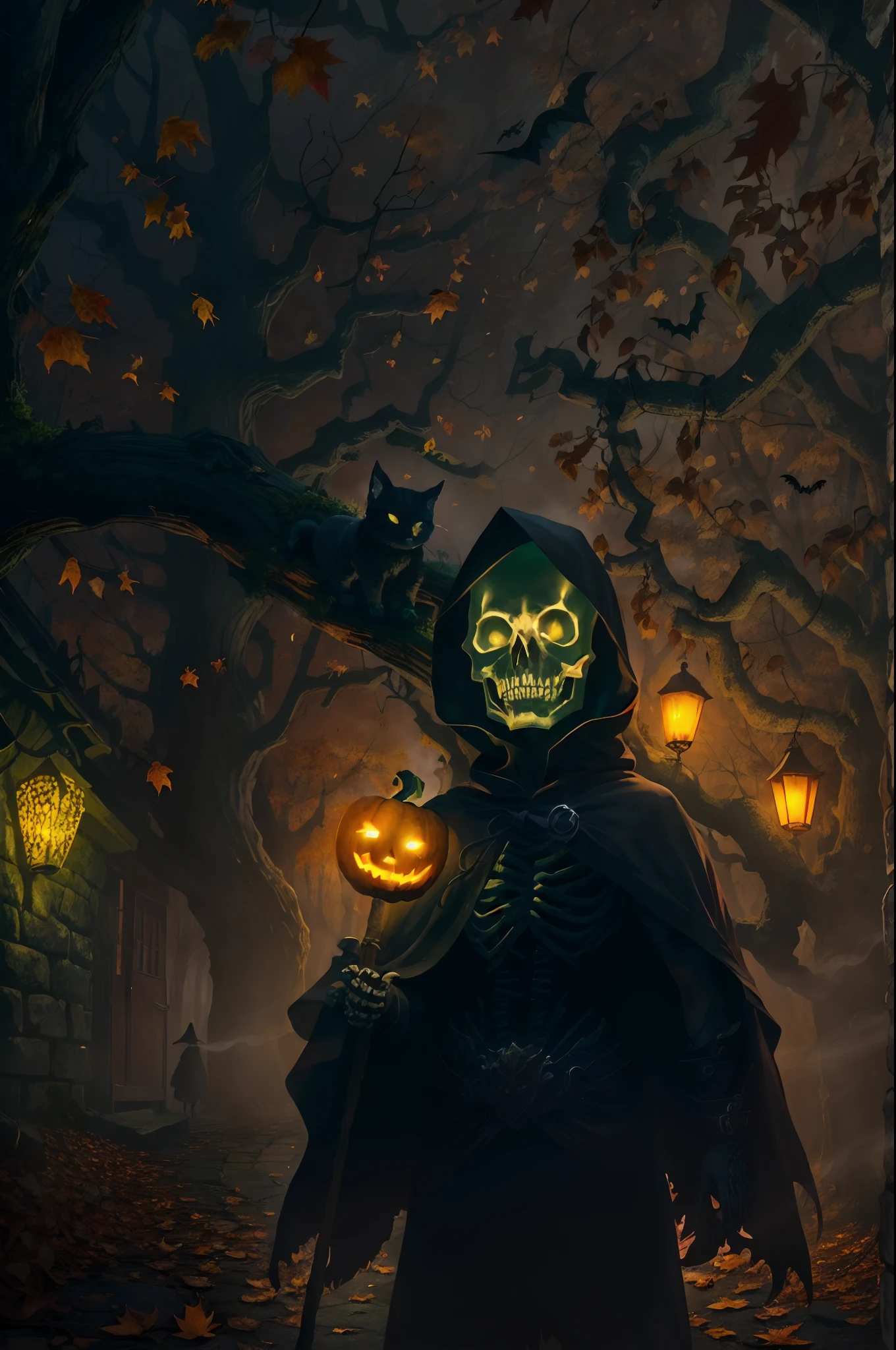 (best quality,4k,highres,masterpiece:1.2),ultra-detailed,Halloween night,wanderer,close shot,pumpkin head, pumpkin head attach to a human figure's neck,dark mysterious atmosphere,spooky,creepy,ominous,haunting,night,full moon,shadows,night sky,glowing eyes,carved pumpkin,pumpkin lantern,bats flying,distant screams,fallen leaves,gnarled tree branches,glowing lanterns,misty fog,old cobblestone path,distant silhouette,ominous silhouette,stray cats sneaking,crackling leaves,sinister smile,dark cape,walking stick,mischievous,haunted vibe,skeletal fingers,long shadow,dread,unearthly feeling,autumn colors,ominous presence