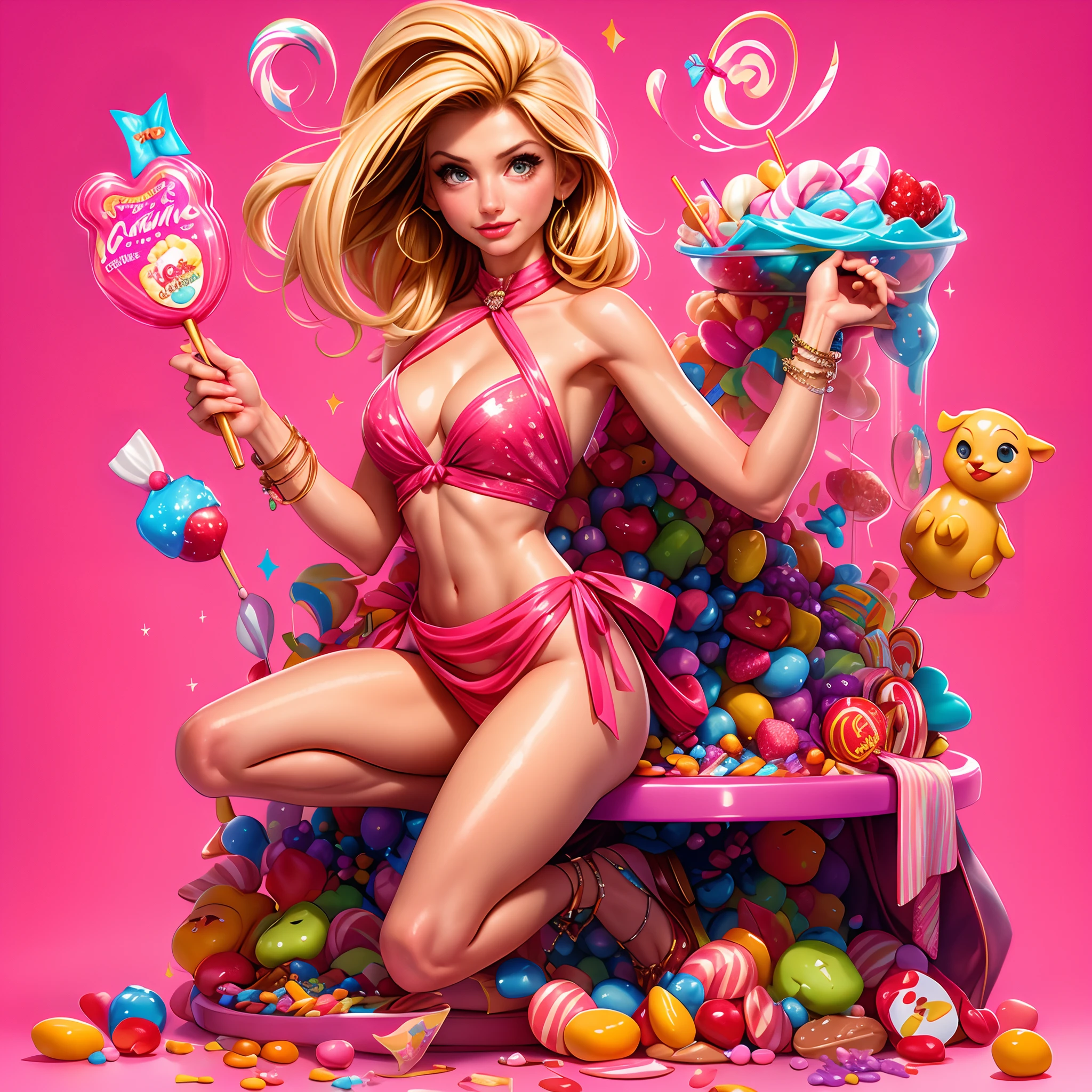 high quality, masterpiece, Cameron Diaz candybar, sour candy, sweets, lollipops, sprinkles, berries, showing clevage, nipple poke,full of candies
