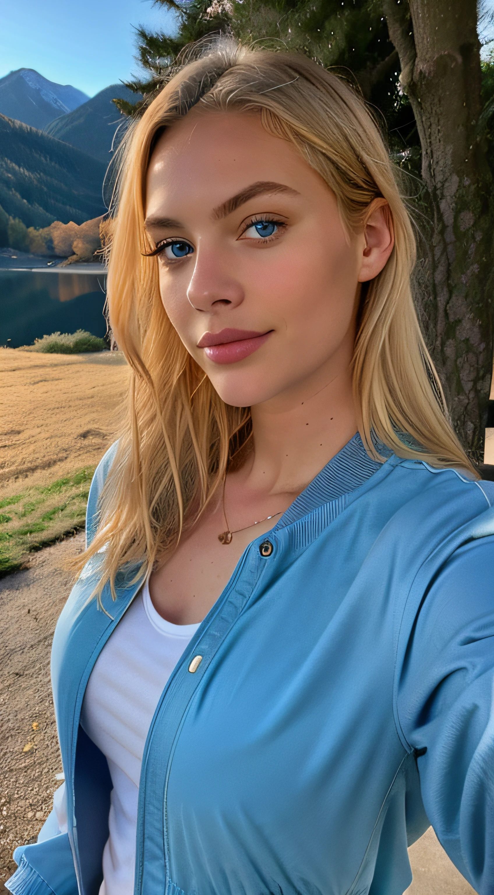 1 blonde woman, 20 year old, blue eyes ((upper body selfie, happy)), masterpiece, best quality, ultra-detailed, solo, outdoor, (evening), lake, nature, cheerful, happy,  (wearing jacket) shadows, contrast, clear sky, style, (warm hue,  warm tone: 1.2), close-up, cinematic light, side lighting, ultra-high resolution, best shadow, RAW, upper body, 8k, sexy