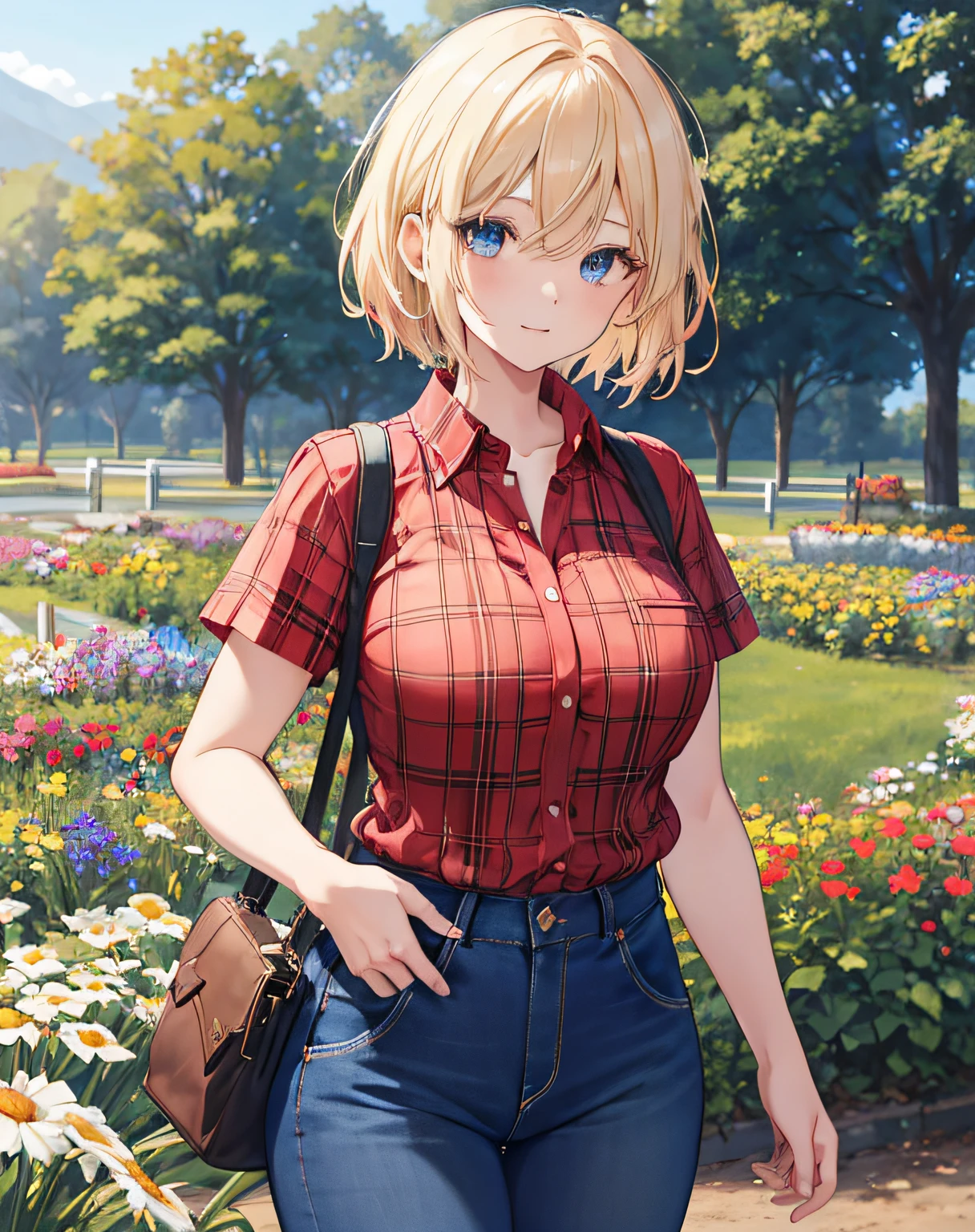 1 girl, solo, best quality, ultra detailed, Blonde, blue eye, Red Flannel Shirt, short blonde hair, Southern, looking away, from front, portrait, short sleeves, standing, on a farm, flower garden, warm sunlight, blue jeans, large sized chest, large sized breast, large breasts