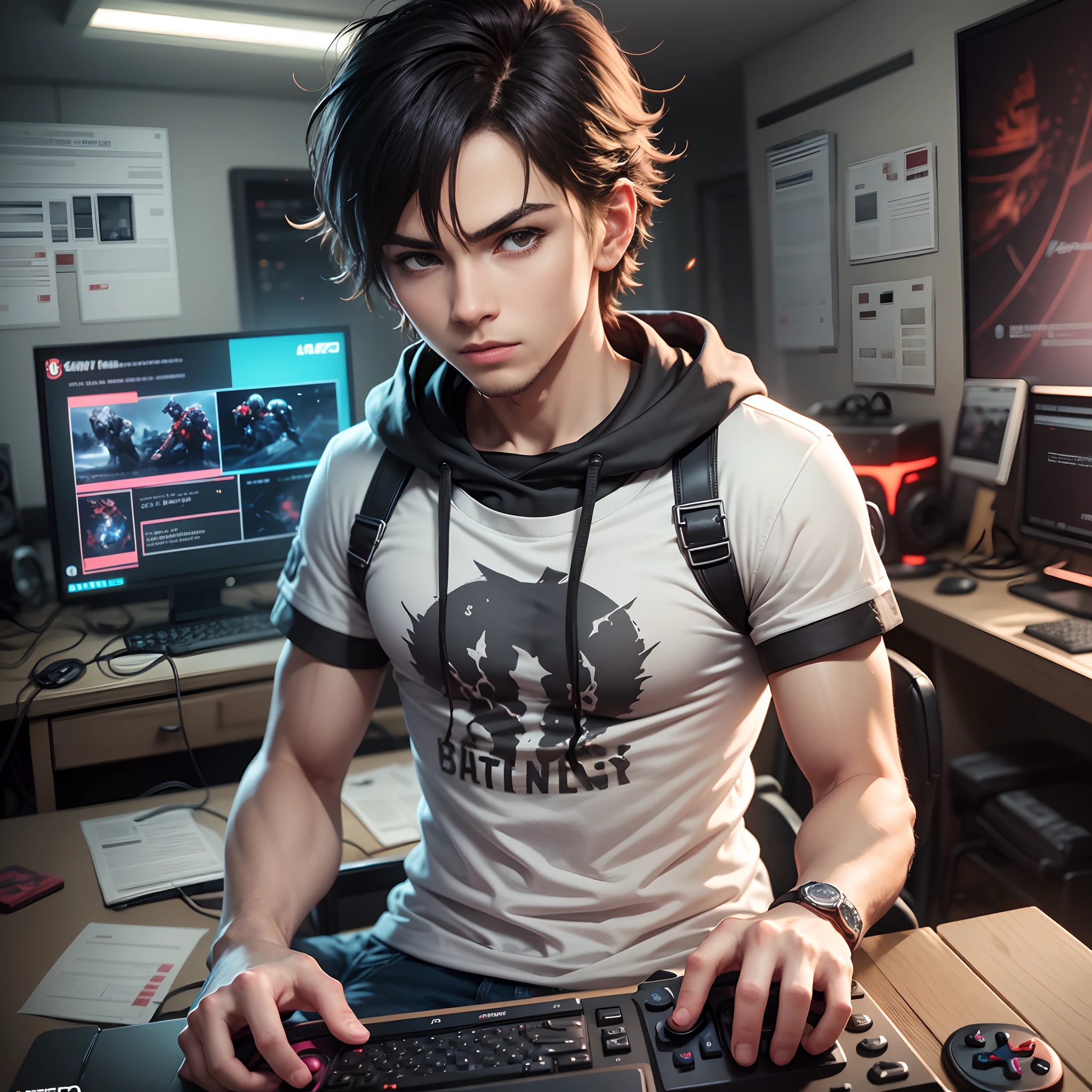 The boy is dressed in a casual outfit, wearing a t-shirt with the name "EHTISHAM" boldly written on it, a personal touch that adds to his gaming persona. His fingers dance skillfully across the controller, navigating the virtual battlefield with precision. The room is softly lit, enhancing the dramatic effect of the game, and the only sounds are the intense gunfire and action-packed soundtrack coming from the game. This is a moment of pure gaming concentration, where the real --auto --s2