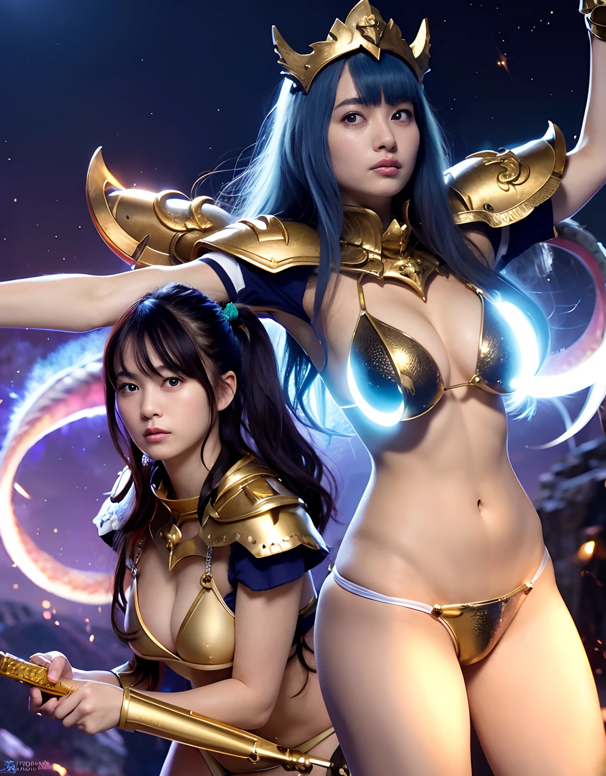 Professional , masterpiece、top-quality、photos realistic , 、top-quality、超A high resolution、(Photorealsitic:1.4)、Raw photo、depth of fields (Gemstone Gold Metal Body:1.9),(Matte White、Toostock、heavy breasts、(cleavage of the breast)、(((Micro Bikini Armor))),(Detailed Dragon Armor)、(Have the strongest weapon)、((Random Hairstyles 1.6),Dark Fantasy,)explosions、intense fighting、(Precipitous cliffs),Dragon Gold Weapon,Mystical expression、Particles of light、Fight dragons、(Detailed Dragon Helmet),Gorgeous Silver Weapons ,(( Dragon's dense and gorgeous sword)) , Beautiful knife ,warhammer 40k ,Detail and gorgeous tiaras、((Blue hair))、(Castle background)、、((Gangle's forest background))、Beautiful Caucasian beauty、1a person、dynamic ungle,(((With detailed shielding)))、Smaller head、A smile、Castle background、Thin and beautiful female hands、cleavage of the breast、Soldier in iron armor on background、Mystical expression、Light Effects、intense fighting、Wind-effect、magic circles、With the legendary magic wand、(demonic wings)、Toostock、