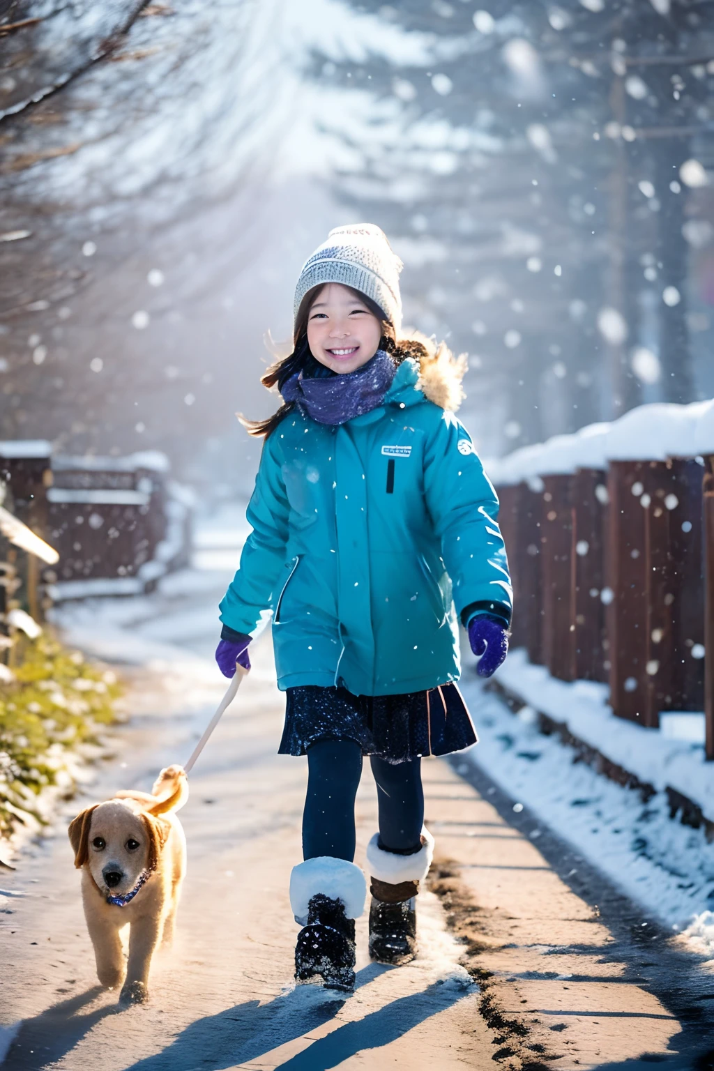 8--old l, Clear facial features, Happy and Golden Retriever, Walking along the trail, It was snowing on the road.
