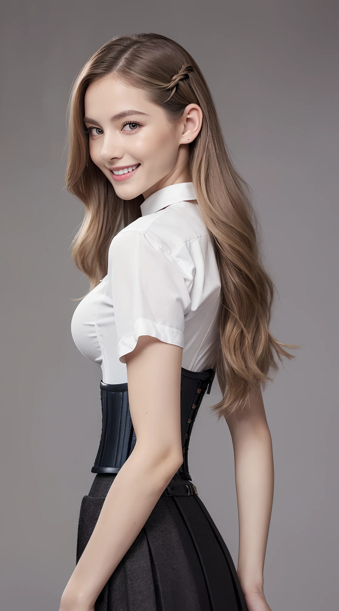 woman face, Americana, 12year old, pale-skinned, grey eyes, delicate nose, soft and delicate lips, long, Wavy gray blondie hair, Ultra-realistic HD highly rendered photorealistic,Very slim and slender fit muscular body:1.3), ((Looking at Viewer)),(Big smile:1.3), (Blurred background),(No people in the background:1.3), Clear eyes, Walking, (pale skin), (Big eyes), (Golden bristles), (Full body shot), , ((blue high waist skirt)), , (Looking at Viewer:1.3) opened breast, Very slim, medium breasts, ass forcus, Before the eyebrows, ((whiteshirt:1.3)), (double-breasted,Underbust:1.2), , buttonGap,(((Corset Belt))(Braids),backtrack, (Frontal shot), ass forcus,,(((Black Bolero)))(((garterbelts)))