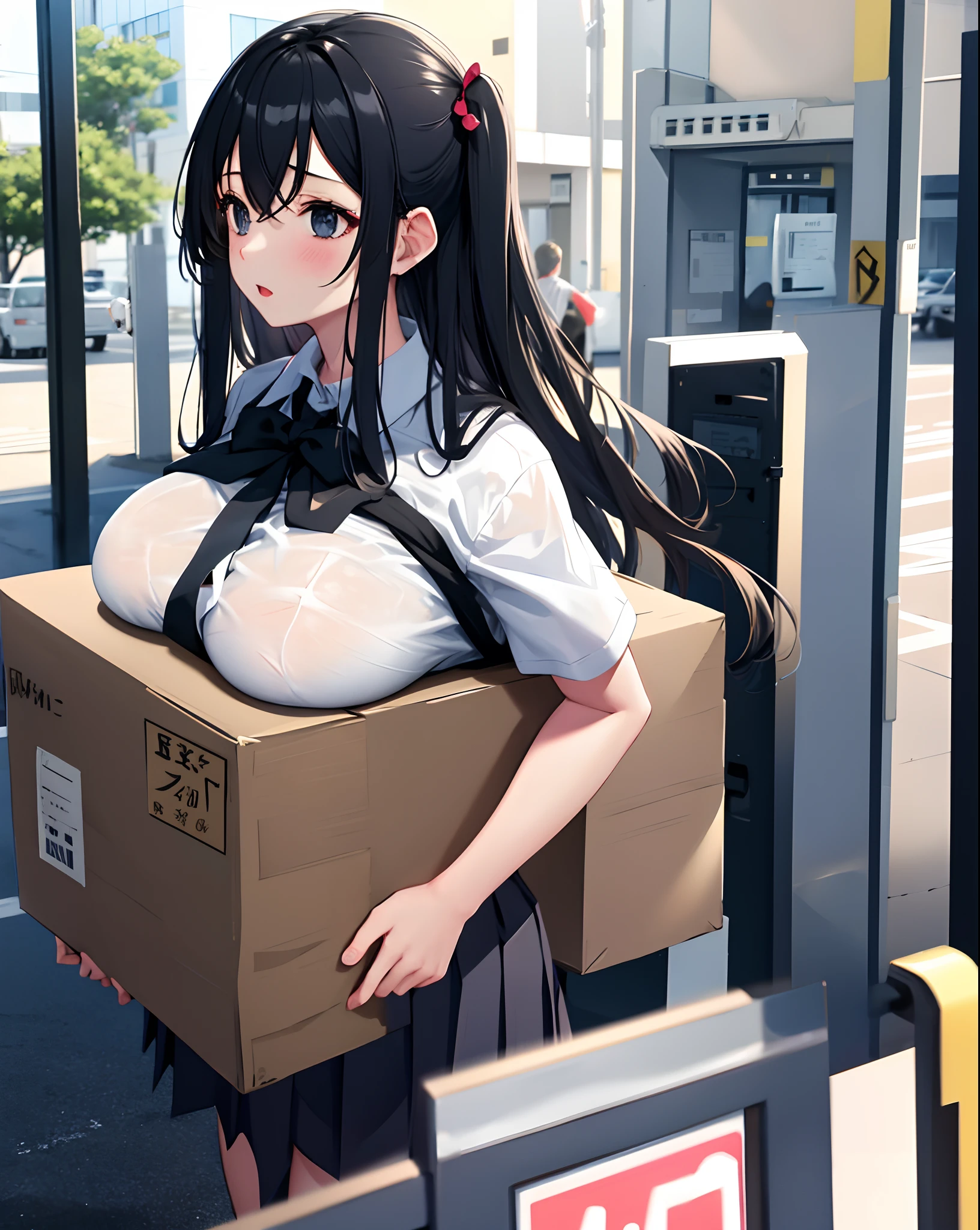 1girl,solo,large breasts, carried breast rest, carrying, cardboard box,  school uniform, black hair,kashino,