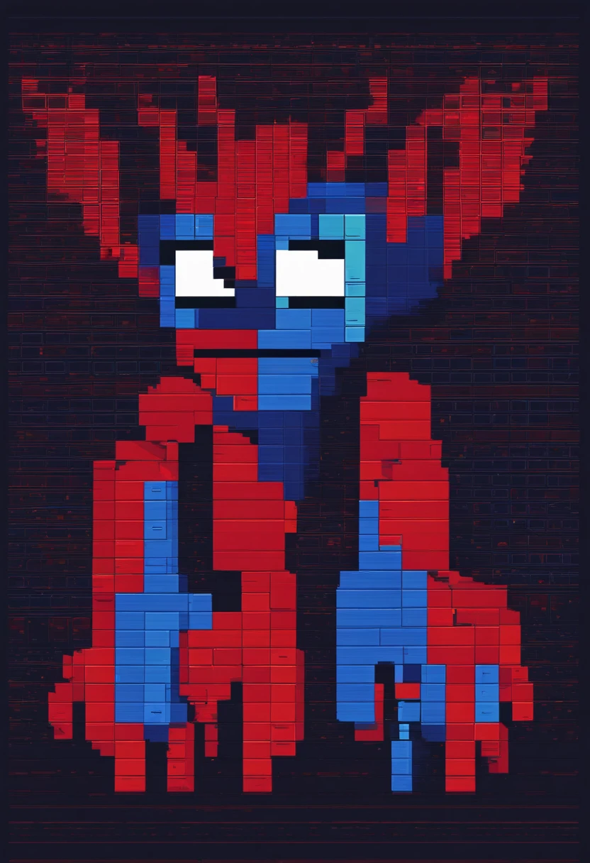 pixel art、2D、Alien with two different faces, red and blue, over his back