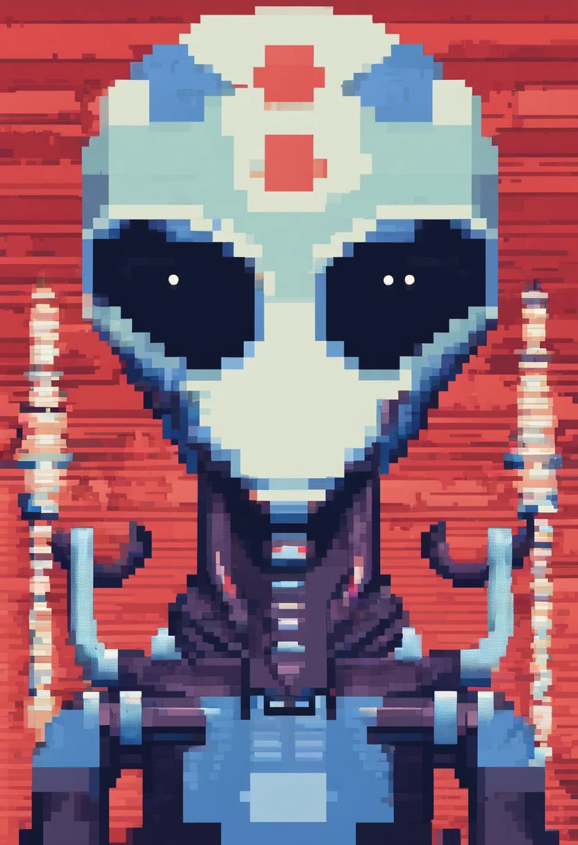 pixel art、2D、Alien with two different faces, red and blue, over his back