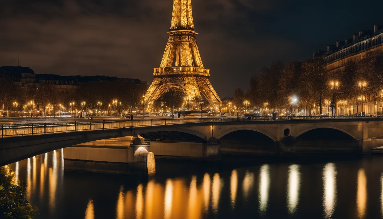 (best quality,4k,8k,highres,masterpiece:1.2),ultra-detailed,realistic,night view,eiffel tower,Paris,illuminated,tourist attraction,water reflection,architecture,beautiful lights,romantic atmosphere,city of love,iconic landmark,fine art,photography,famous monument,cityscape,dramatic sky,vibrant colors,streets of Paris,scenic view,nighttime scenery,european destination,travel photography,glowing lights,nighttime adventure,memorable experience,enchanted landscape,world-famous site,nighttime charm,urban beauty,nighttime romance,lighted up,elegant design,luminous,artistic representation,lively night,modern masterpiece,romantic getaway,dreamlike ambiance,magical panorama,serene city night,tower of lights