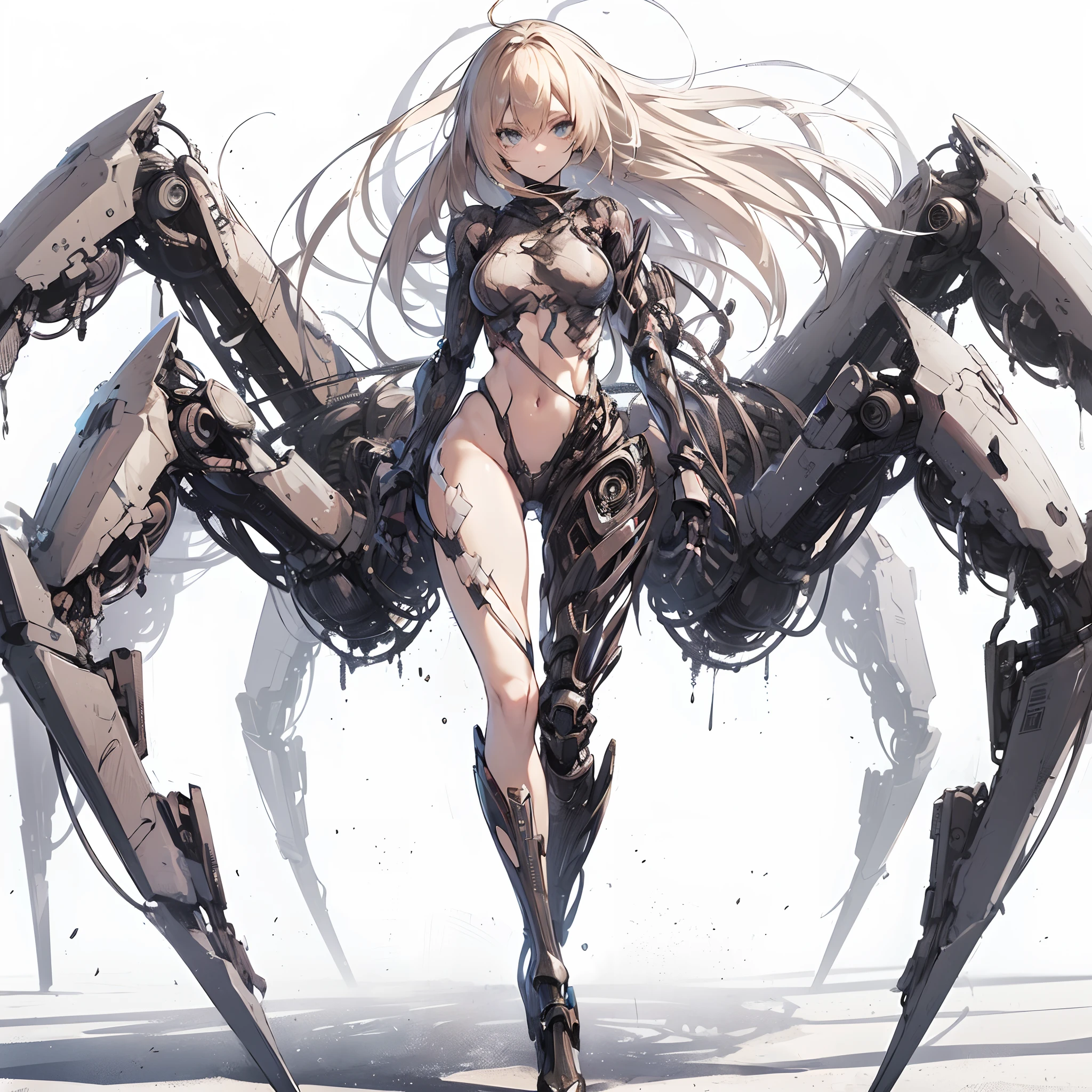 (masutepiece, Best Quality), (Perfect athlete body:1.2), (detailed hairs), Ultra-detailed, Anime style, Full body, White background, Whole body, Cyberpunk Ninja Girl, ash blond hair. Strong metallic luster. Mechanical spider legs stretched from the back, Standing in the wasteland, Whole body