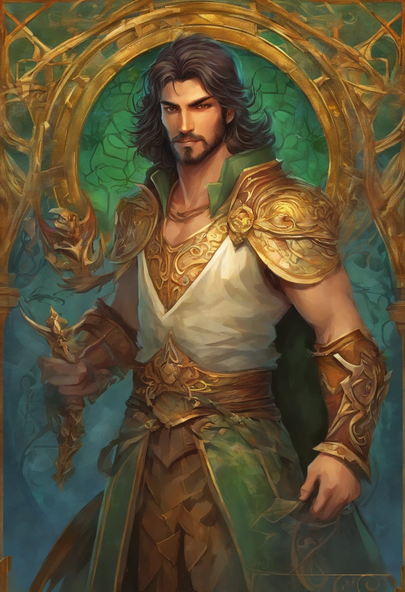Um homem de 20 anos com um louco, louco, Aggressive facial expression and intense green eyes, possuindo escuro, messy black hair, ergue-se no ambiente sinistro do submundo medieval. He wears a tunic made of dark cloth, adornado com bordas douradas e arcanos sigils, complementado por mangas largas. Um cinto ornamentado aperta sua cintura, e um manto cintilante se desenha majestosamente de seus ombros. Their feet are lined with sturdy leather boots, e um capuz escuro esconde parte de seu rosto, adding an air of mystery. O homem olha diretamente para o espectador, exalando uma aura de autoridade e poder, as he oversees the building of his kingdom in the depths of the underworld.