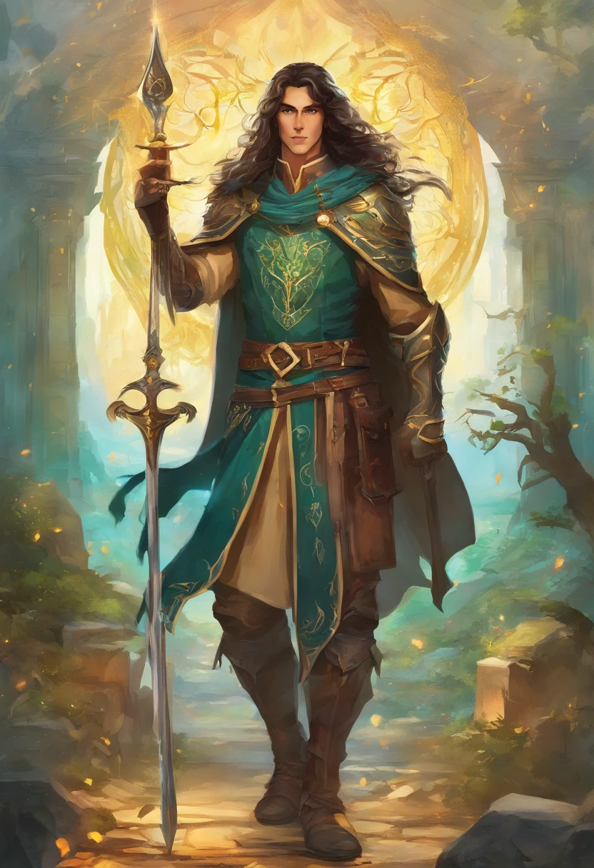 Um homem de 20 anos com um louco, louco, Aggressive facial expression and intense green eyes, possuindo escuro, messy black hair, ergue-se no ambiente sinistro do submundo medieval. He wears a tunic made of dark cloth, adornado com bordas douradas e arcanos sigils, complementado por mangas largas. Um cinto ornamentado aperta sua cintura, e um manto cintilante se desenha majestosamente de seus ombros. Their feet are lined with sturdy leather boots, e um capuz escuro esconde parte de seu rosto, adding an air of mystery. O homem olha diretamente para o espectador, exalando uma aura de autoridade e poder, as he oversees the building of his kingdom in the depths of the underworld.