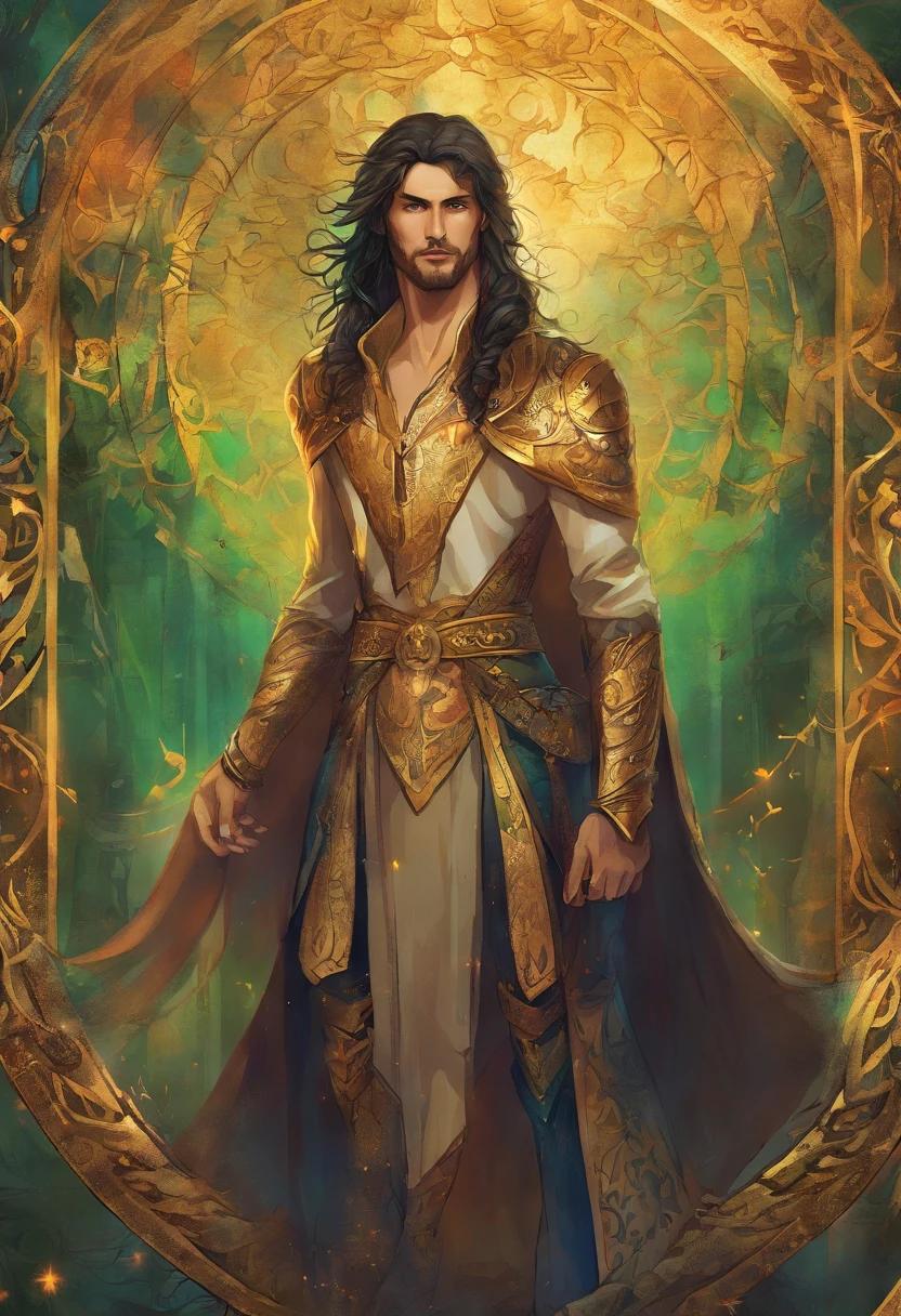 Um homem de 20 anos com um louco, louco, Aggressive facial expression and intense green eyes, possuindo escuro, messy black hair, ergue-se no ambiente sinistro do submundo medieval. He wears a tunic made of dark cloth, adornado com bordas douradas e arcanos sigils, complementado por mangas largas. Um cinto ornamentado aperta sua cintura, e um manto cintilante se desenha majestosamente de seus ombros. Their feet are lined with sturdy leather boots, e um capuz escuro esconde parte de seu rosto, adding an air of mystery. O homem olha diretamente para o espectador, exalando uma aura de autoridade e poder, as he oversees the building of his kingdom in the depths of the underworld.
