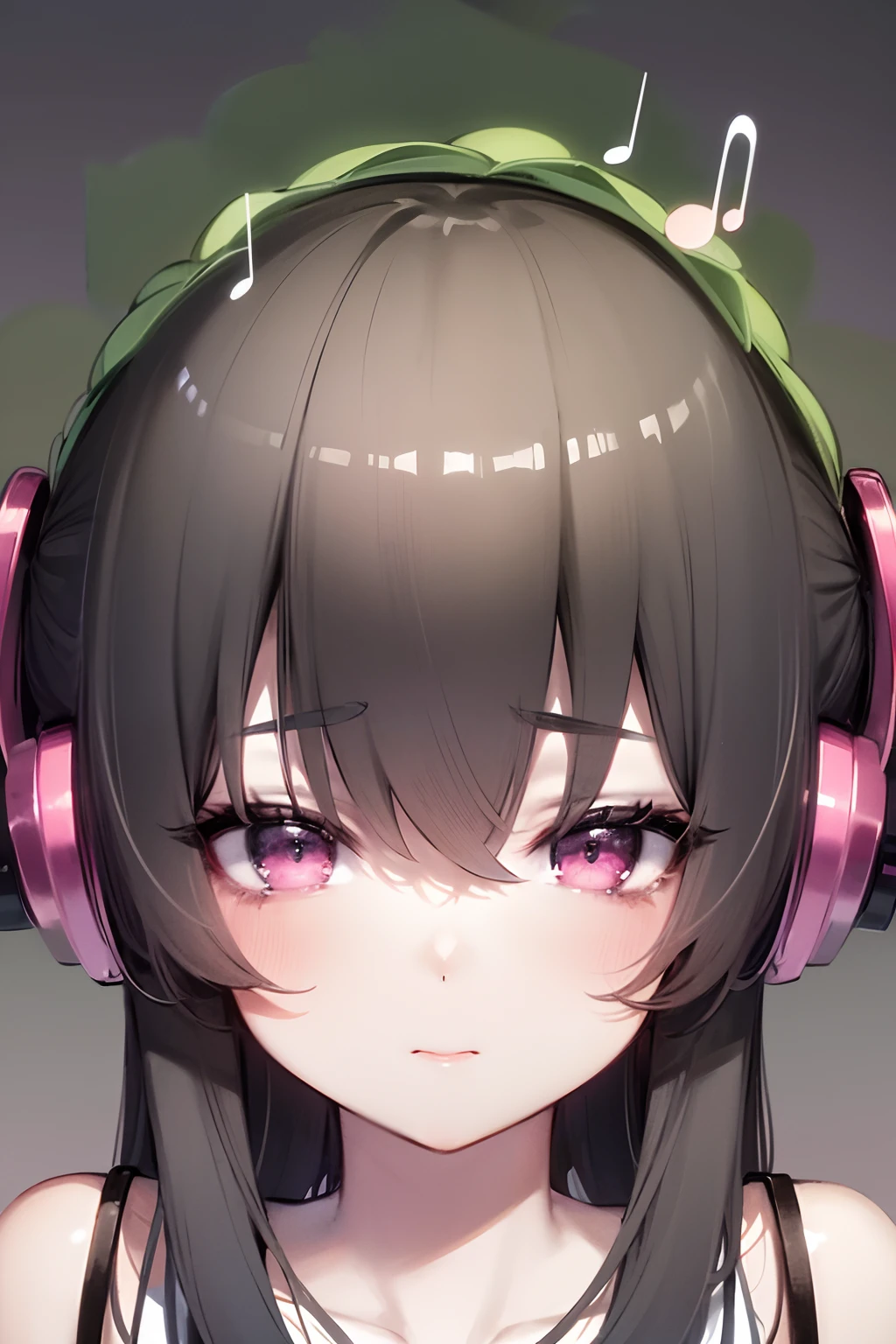 HQ, masterpiece, ((detailed music cover image)), green, (pink and gray shadows), anime girl face close up, neutral expression, big black and white eyes, dark eyelashes, black hair, pale colors, (abstract), looking straight to the camera