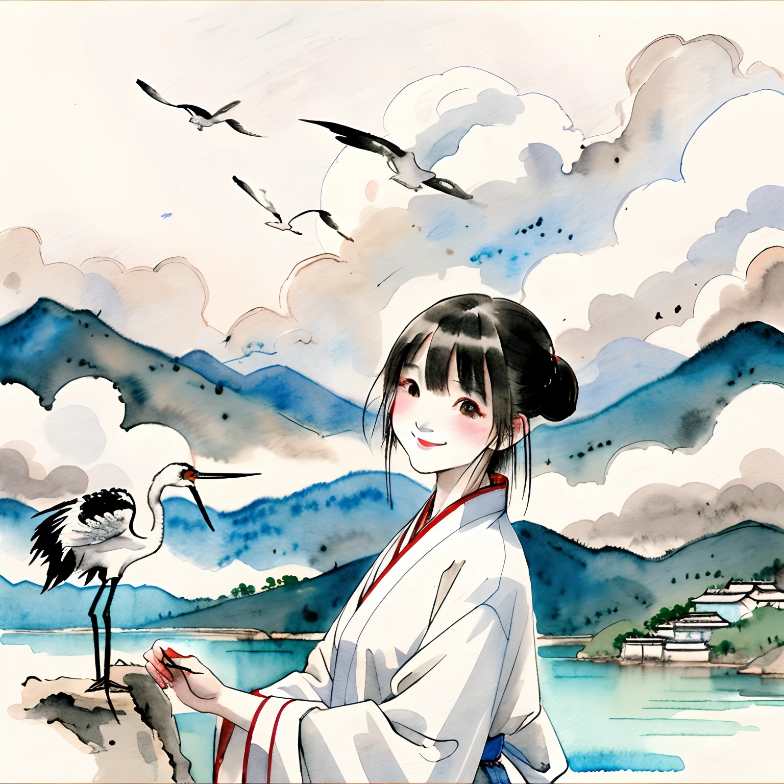 Traditional Chinese painting,ink and watercolor painting,one-girl,Smile,White Hanfu,Ancient wind,teens girl,Crane,Auspicious clouds