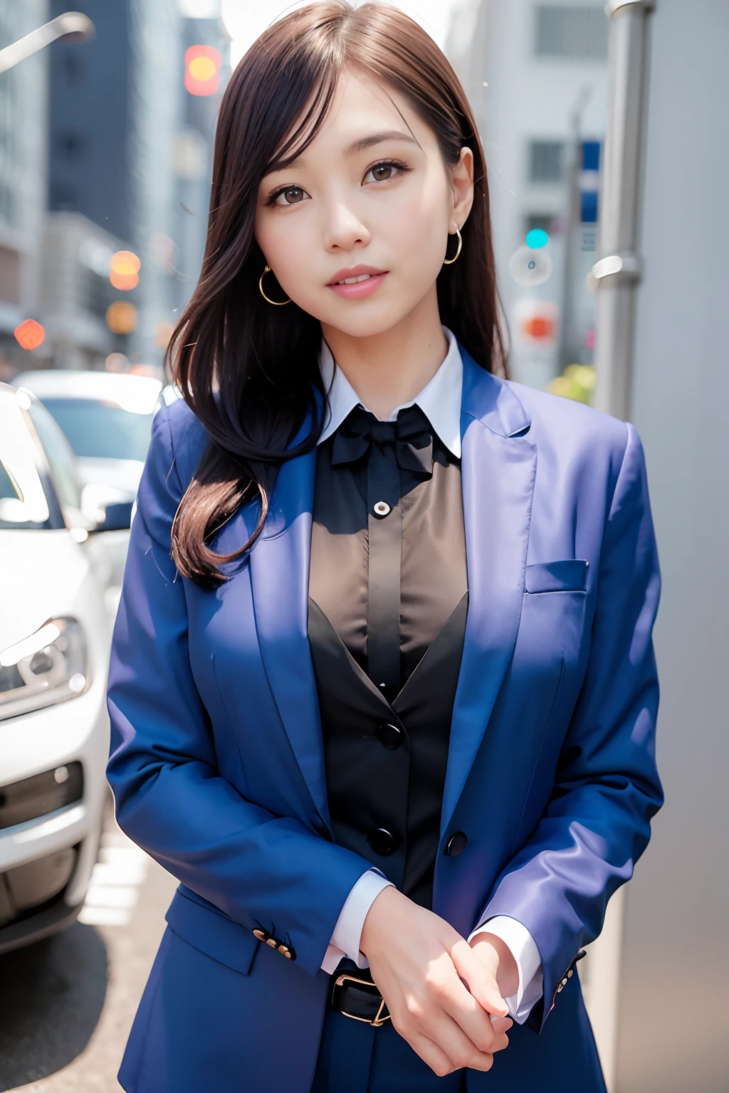 Beauty Announcer、Dark blue suit、Pants Style、White shirt、Hair is tied back。I turned my face、Smile with a little tooth、Fold your hands in front of you、Like a newscaster、refinement、nobly、Smile while looking at us、
