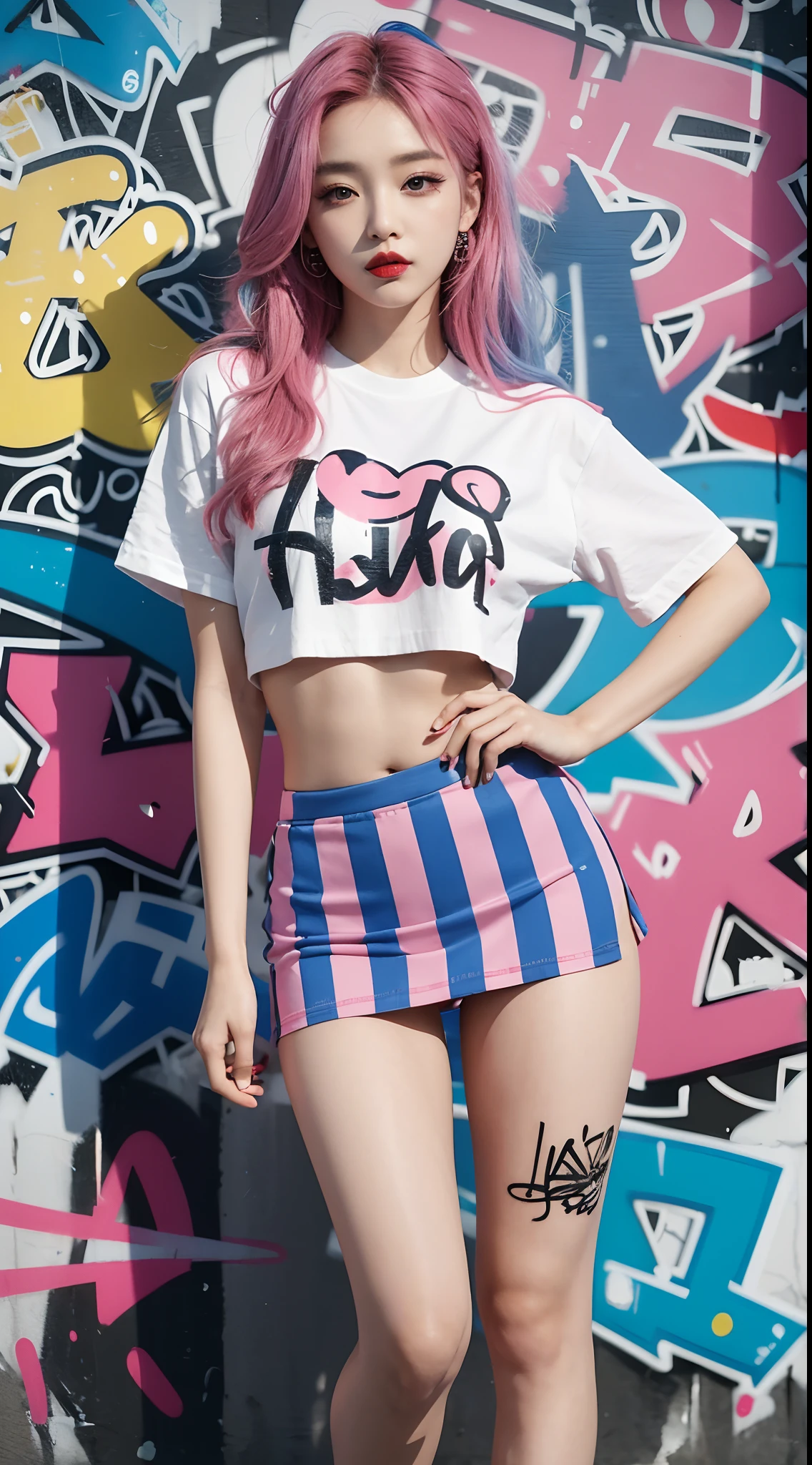best quality, Clarity, 4k, 8k, detail, actual, Beautiful Girl, Korean makeup, Red lips, pink and blue hair, Perfect body, thigh, stand, pose standing, medium chest, Graffiti crop top, Checkered striped skirt, Solid graffiti wall background, Graffiti art,