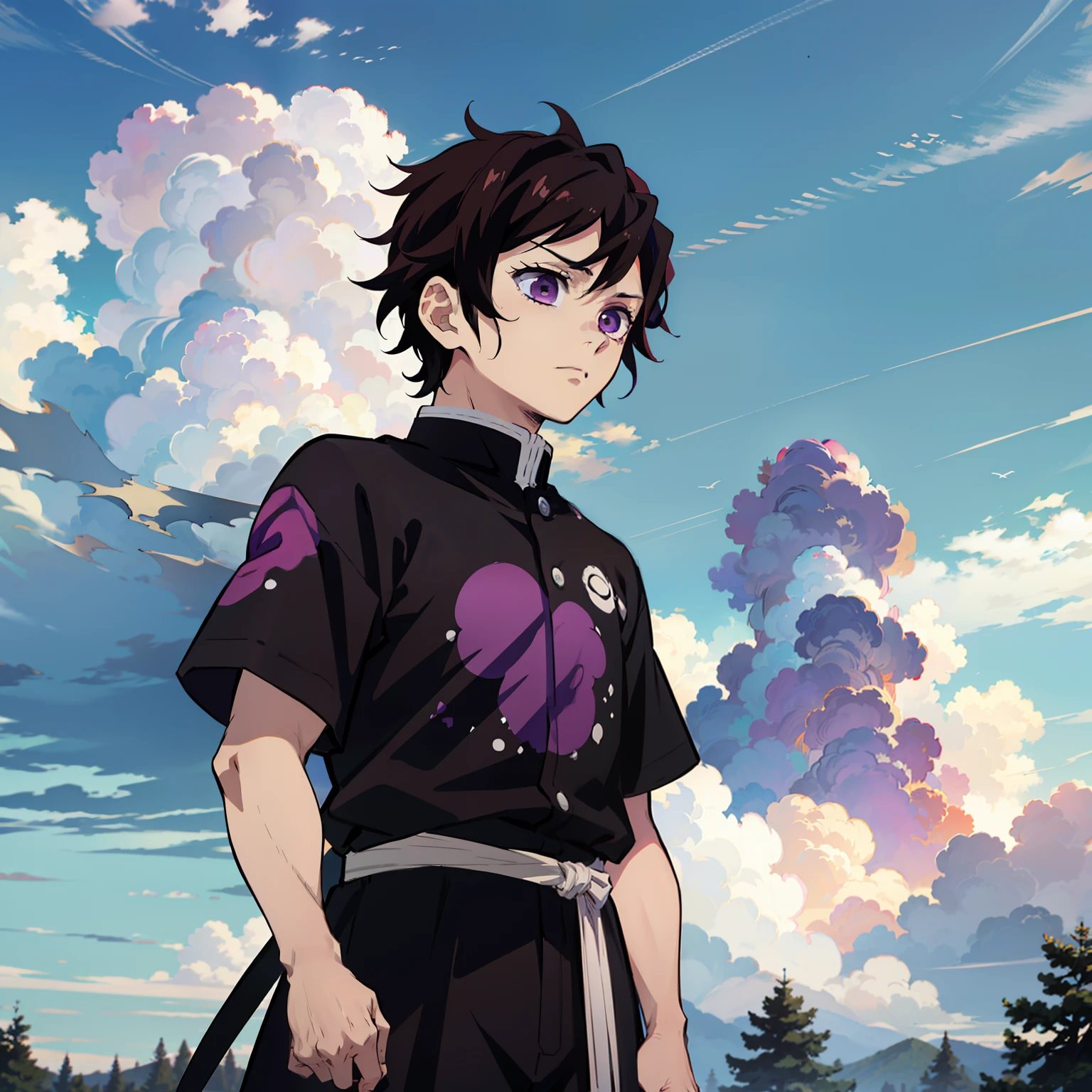 anime, (La mejor calidad), Still  (Young and tall), (Bosque nevado con amanecer), brown hair 
Messy Dark (medio largo), ((ojos marrones sin emociones)), Ropa japonesa, Abrigo negro abierto ((Purple with cloud printing pattern)), ((un dobladillo en la cintura)), Arte de Demon Slayer, Demon Slayer Artstyle, kimetsu no yaiba