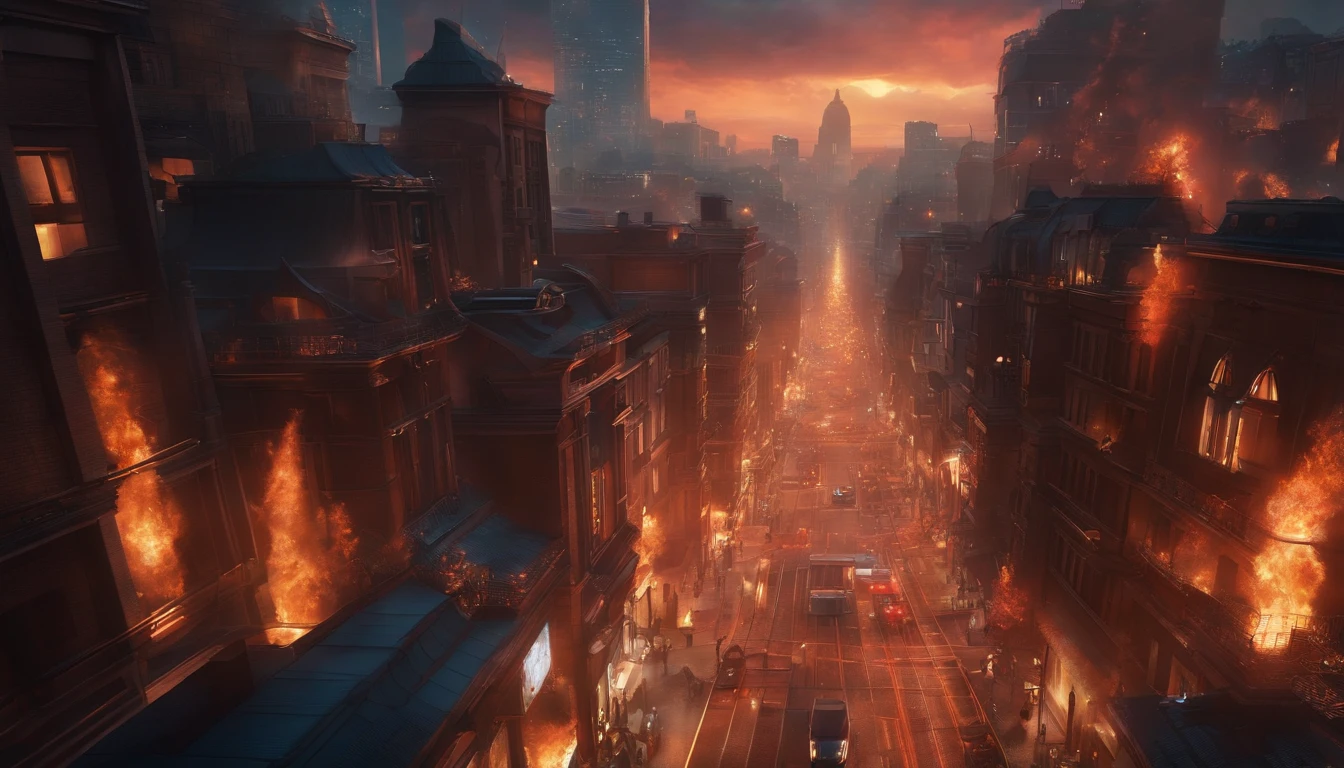 an image of a city, seen from the air, fire, police sirens, futuristic style, in its streets. anime style