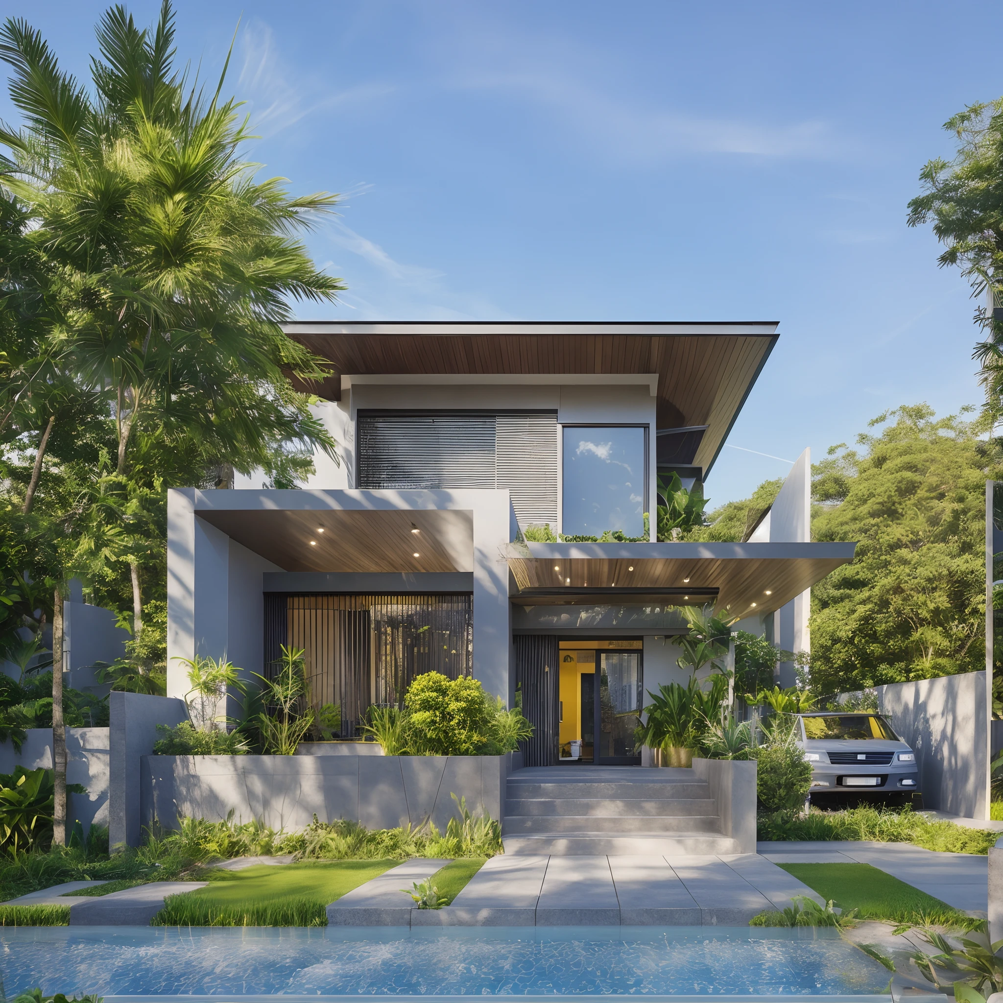 a modern house, grass fence, lawn, dark gray and coated wall material, Thai roof, strong modern style, blue sky, warm yellow light from inside, daylight day, feeling youthful