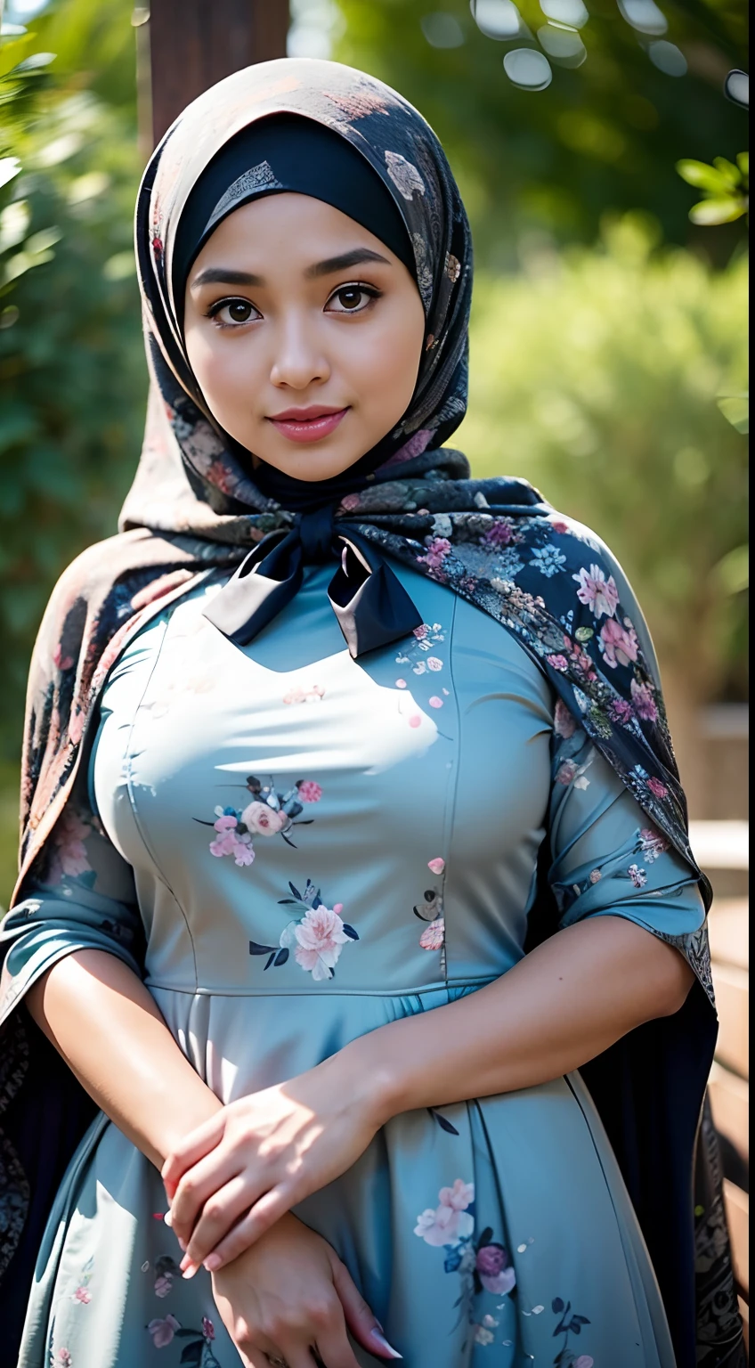 RAW, Best quality, high resolution, Masterpiece: 1.3), Beautiful Malay woman in hijab, Masterpiece, Perfect slim body, Beautiful big eyes, watery eyes, Soft smile, wet lips, big breast, ((wearing Square Neck Bow Front Floral Jacquard Dress )), windy, skin details, skin texture details, thick thighs, sexy body, morning time, happy, bright sunlight, blurred background, bokeh