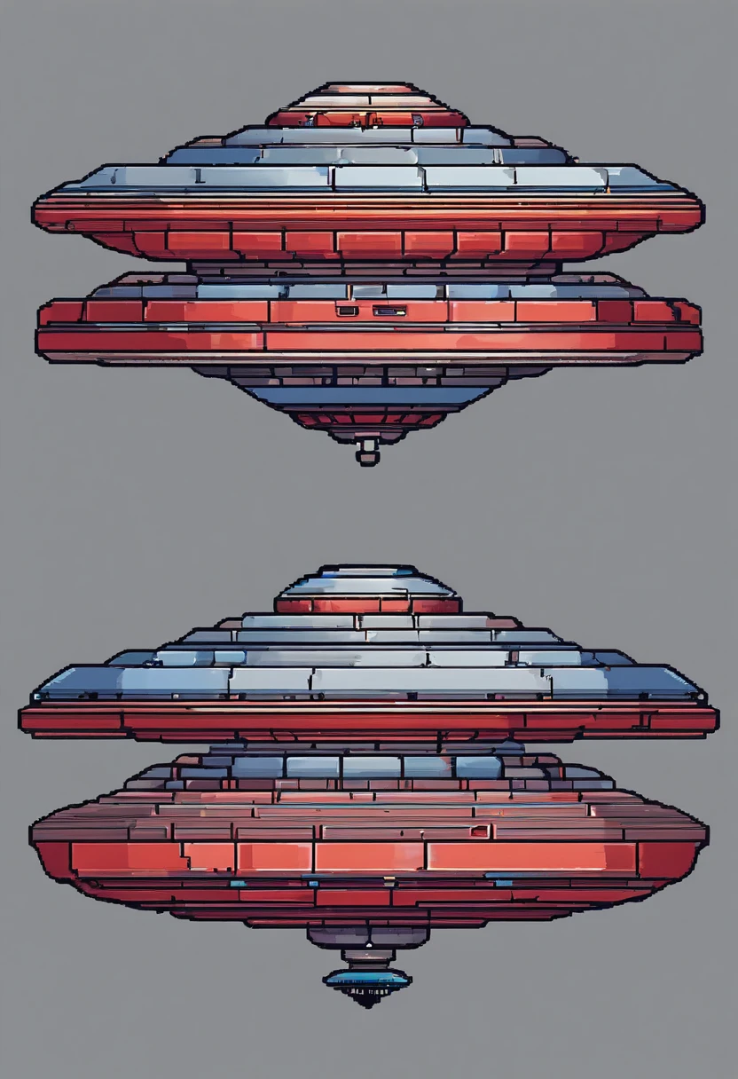 Circular UFO、Red and blue on the exterior and gray on the middle side、2d