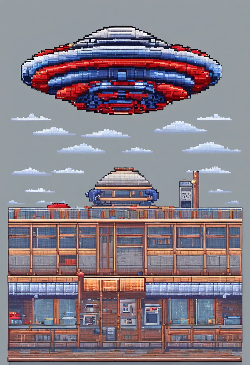 Circular UFO、Red and blue on the exterior and gray on the middle side、2d