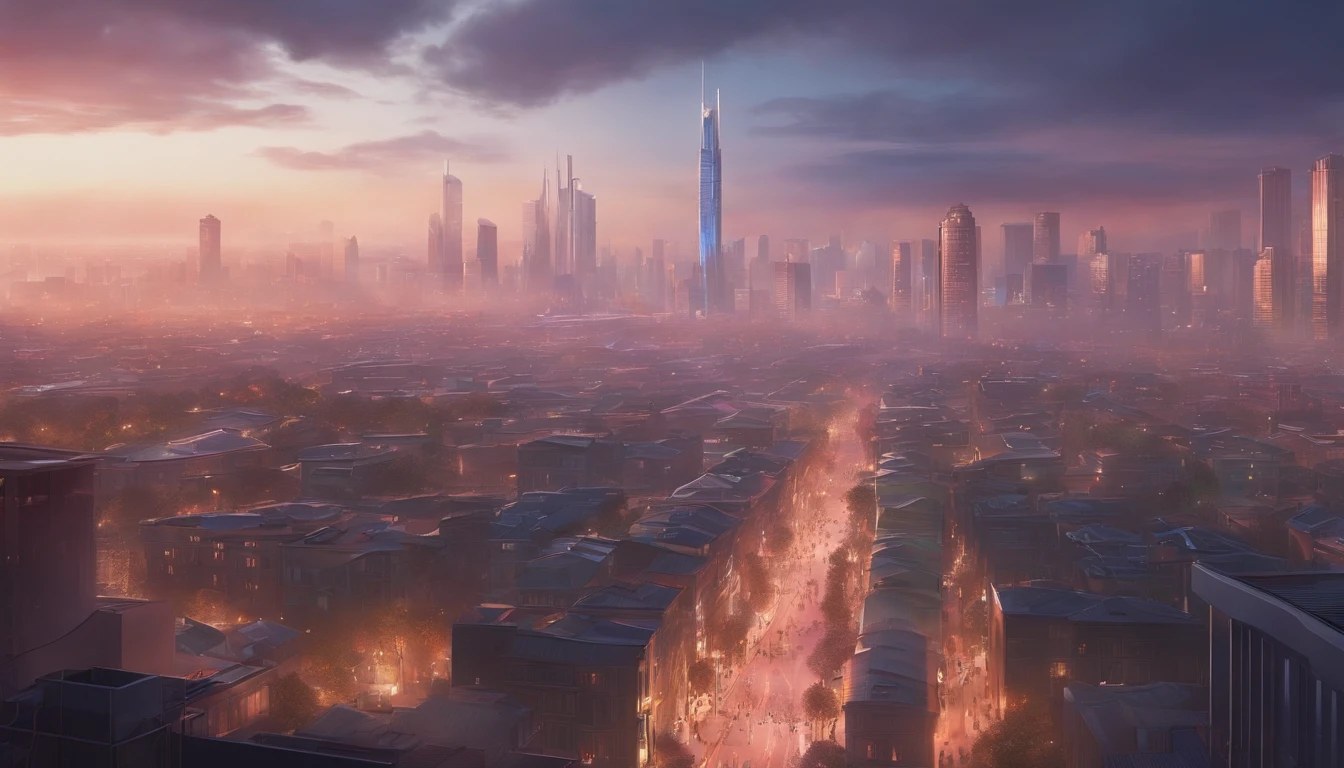 an image of a city, seen from the air, fire, police sirens, futuristic style, in its streets, pastel colours, anime style.