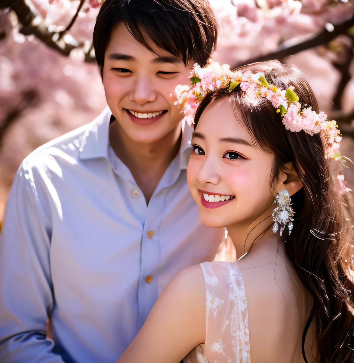 1girl, 20yo, 8k, RAW photo, best quality, masterpiece, realistic, photo-realistic, backlights, cinematic lights, light on face, detailed face, cowboy shot, sheer dress, cherry blossoms garden, flower crown, earrings, (smile and sleepy and tired)