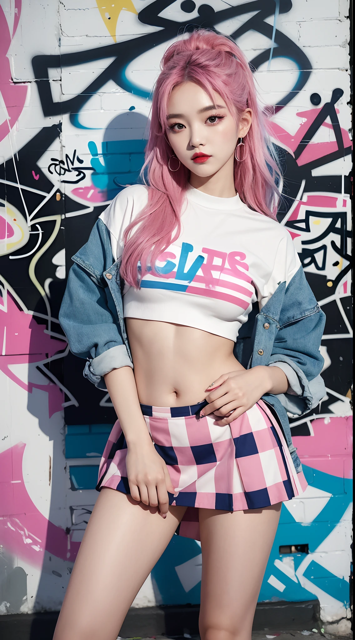 best quality, Clarity, 4k, 8k, detail, actual, Beautiful Girl, Korean makeup, Red lips, pink and blue hair, Perfect body, thigh, stand, pose standing, medium chest, Graffiti crop top, Checkered striped skirt, Solid graffiti wall background, Graffiti art,