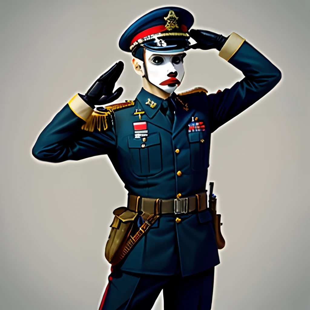 Mime in milatry outfit with an m16 wile saluting