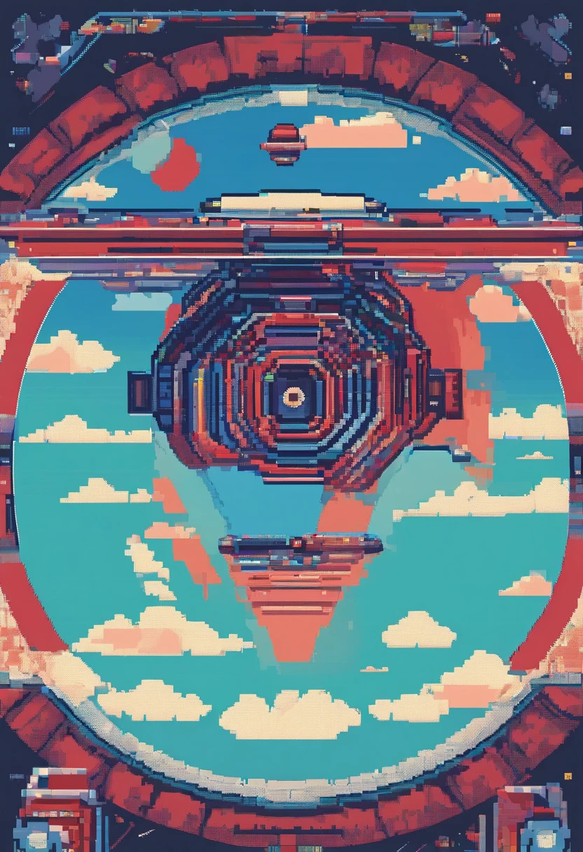 Circular UFO seen from above、The outer right half is red、Blue outer left half、Gray in the middle、2D。Vertical scrolling shooter boss