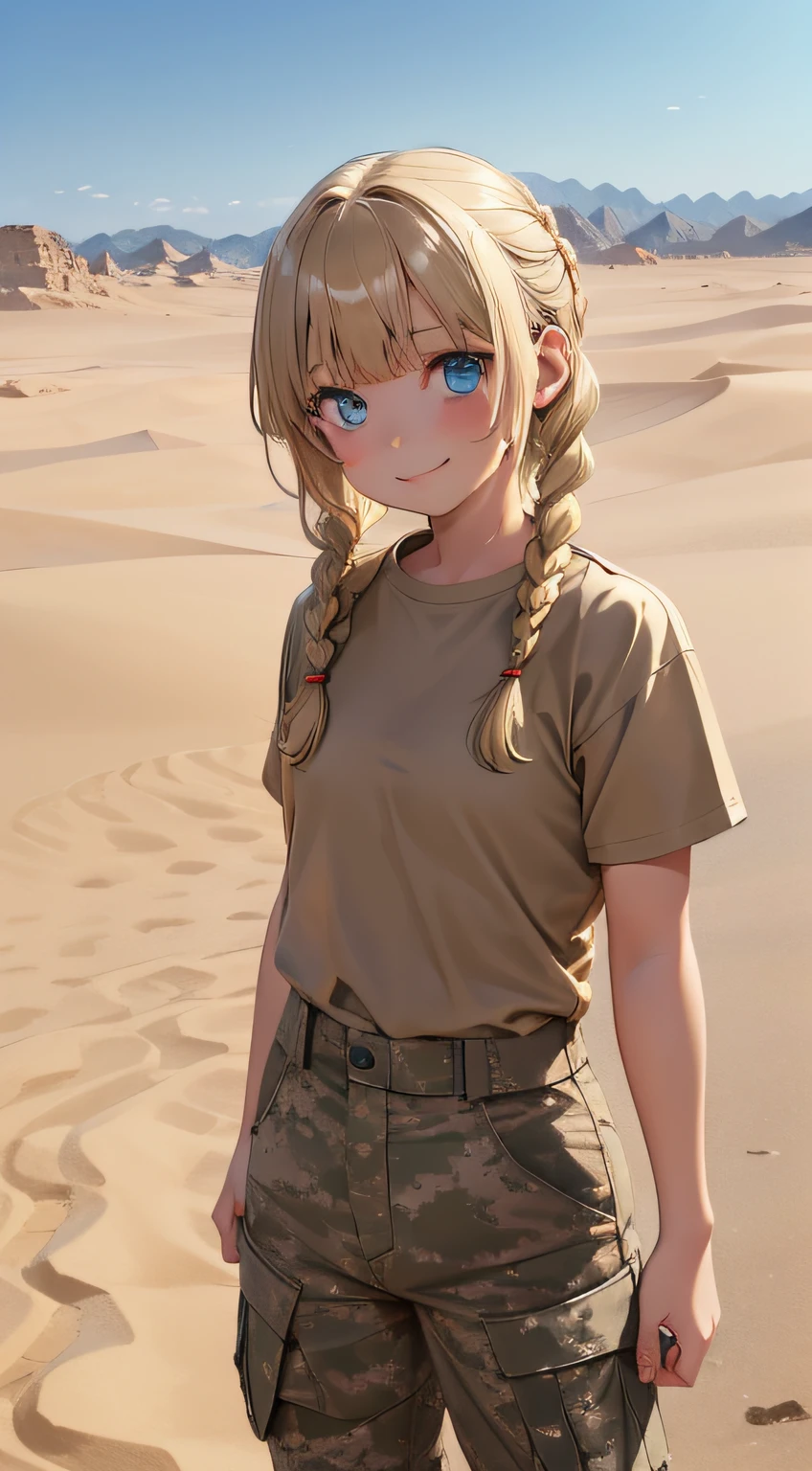 masterpiece, high quality, sand desert on background, (Military personnel:1.5)、(Desert Terrain:1.3), young girl, Smiling, Cute, blue eyes, blonde hair, Bangs hair, Hairstyle with 2 braids, looking up at the camera, Military camouflage pants, Brown-beige T-shirt