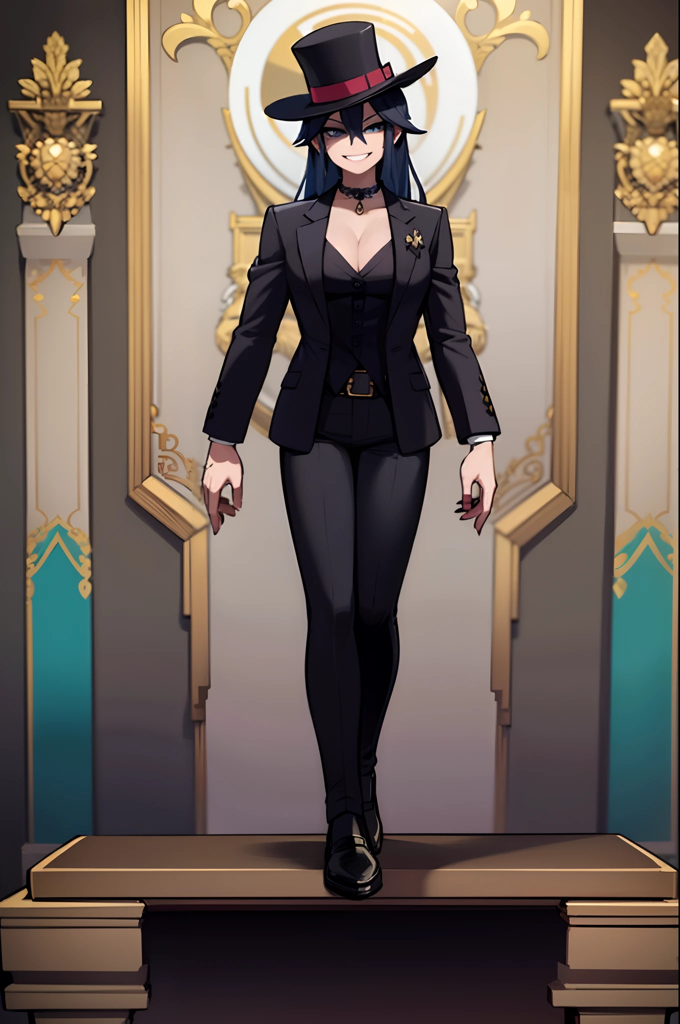 anime girl, dressed as a magician, blue hair, black top hat, smiling, magical assistant, wearing a black blazer, buttoned shirt, black leggings. body tattoo, tattooed body, in a skyscaper, in the night, imposing pose, smiling, displayed, 4k, masterpiece, high qualityt, wallpaper,