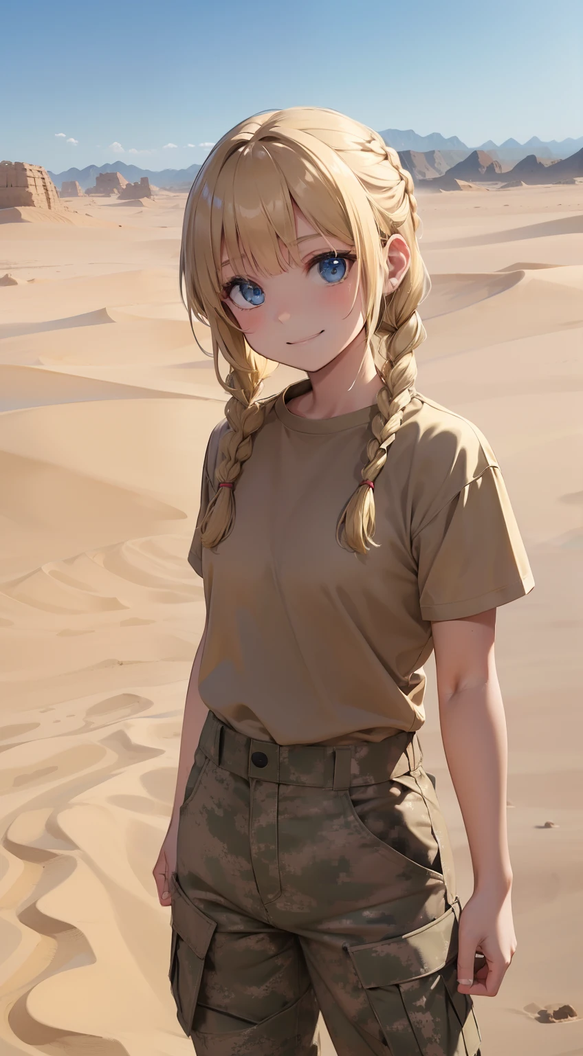 masterpiece, high quality, sand desert on background, (Military personnel:1.5)、(Desert Terrain:1.3), young girl, Smiling, Cute, blue eyes, blonde hair, Bangs hair, Hairstyle with 2 braids, looking up at the camera, Military camouflage pants, Brown-beige T-shirt