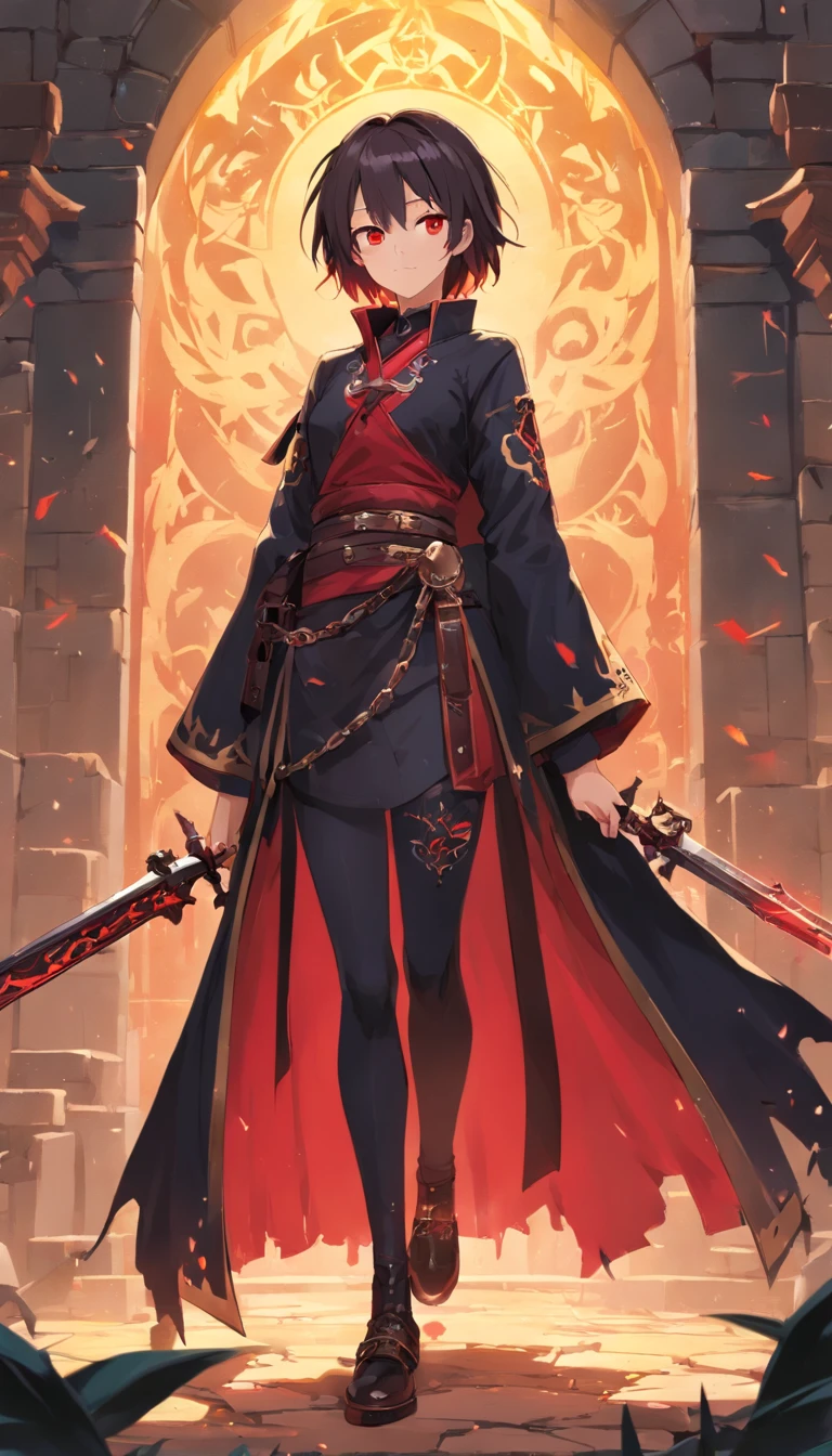 (Key Part: 1.3, corpo inteiro: 1.3) The Red-Eyed Wizard is a spectacular and formidable villain, Quem domina a magia do vazio, A chaotic and destructive form of energy. ((He has the appearance of a 20-year-old. He has a crazy and aggressive facial expression, e olhos intensos, que revelam sua loucura e sadismo. Your hair is dark and messy, contrasting with her pale and cold skin.)) He wears a tunic made of dark cloth, adornado com bordas douradas e sigils arcanos, complementado por mangas compridas. Um cinto ornamentado aperta sua cintura, e um manto cintilante tira-lhe majestosamente dos ombros. Their feet are lined with sturdy leather boots, e um capuz escuro esconde parte de seu rosto, adding an air of mystery. (Ele carrega consigo a Espada do Vazio, A magical weapon made of black metal and serrated blade.) O Mago dos Olhos Vermelhos se passa em um ambiente sinistro do submundo medieval, que combina com seu estilo sombrio e misterioso. Ele olha diretamente para o espectador, exalando uma aura de autoridade e poder, as he plots to wreak havoc and destruction in every dimension.