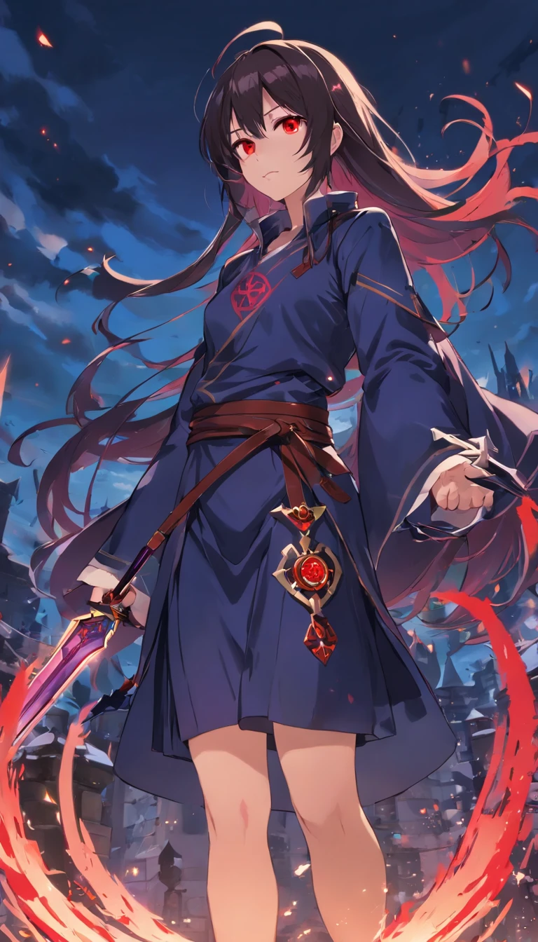 (Key Part: 1.3, corpo inteiro: 1.3) The Red-Eyed Wizard is a spectacular and formidable villain, Quem domina a magia do vazio, A chaotic and destructive form of energy. ((He has the appearance of a 20-year-old. He has a crazy and aggressive facial expression, e olhos intensos, que revelam sua loucura e sadismo. Your hair is dark and messy, contrasting with her pale and cold skin.)) He wears a tunic made of dark cloth, adornado com bordas douradas e sigils arcanos, complementado por mangas compridas. Um cinto ornamentado aperta sua cintura, e um manto cintilante tira-lhe majestosamente dos ombros. Their feet are lined with sturdy leather boots, e um capuz escuro esconde parte de seu rosto, adding an air of mystery. (Ele carrega consigo a Espada do Vazio, A magical weapon made of black metal and serrated blade.) O Mago dos Olhos Vermelhos se passa em um ambiente sinistro do submundo medieval, que combina com seu estilo sombrio e misterioso. Ele olha diretamente para o espectador, exalando uma aura de autoridade e poder, as he plots to wreak havoc and destruction in every dimension.