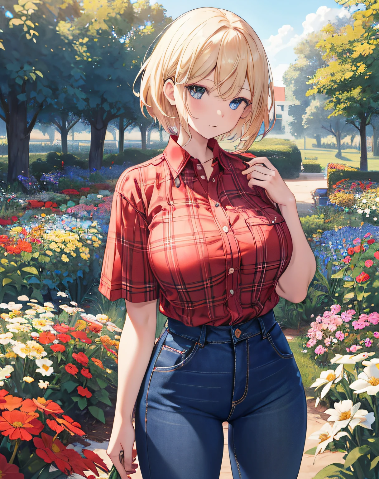 1 girl, solo, best quality, ultra detailed, Blonde, blue eye, Red Flannel Shirt, short blonde hair, Southern, looking away, from front, portrait, short sleeves, standing, on a farm, flower garden, warm sunlight, blue jeans, massive sized chest, massive sized breast, massive breasts