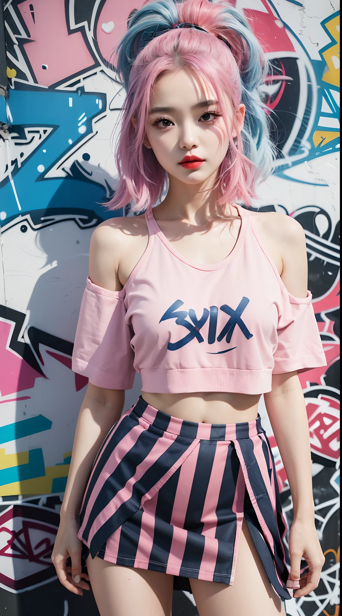 best quality, Clarity, 4k, 8k, detail, actual, Beautiful Girl, Korean makeup, Red lips, pink and blue hair, Perfect body, thigh, sit flat, sitting posture, hands behind the head, Pose dynamically for photos, medium chest, Graffiti crop top, Pink and Blue Shorts, graffiti on the body and skin, Solid graffiti wall background, Graffiti art,