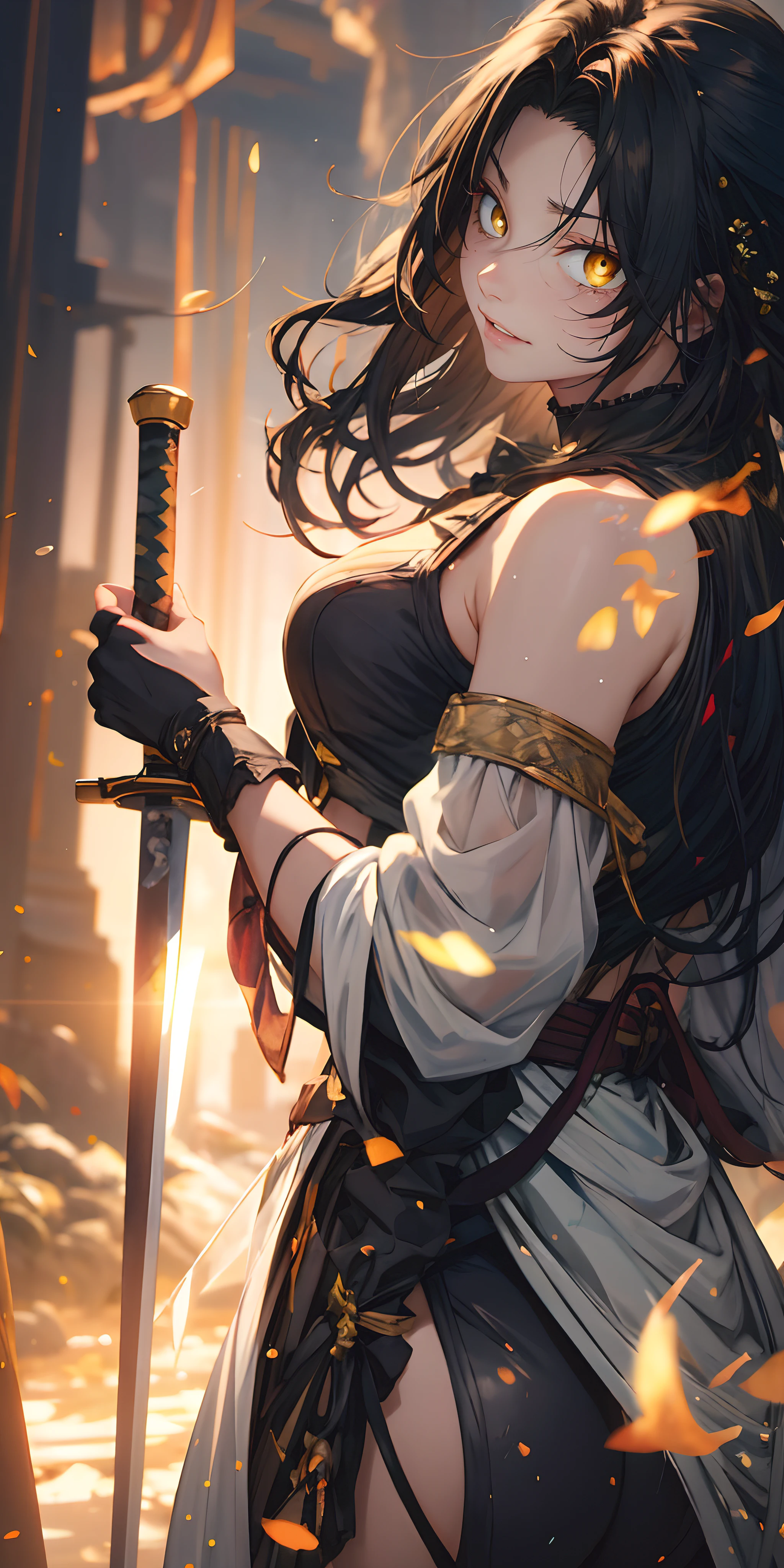 dominique_de_sade, (long hair, black hair:1.5), yellow eyes, sweating, glowing eyes, heavy breathing, female focus, sword, holding, solo, wide_sleeves, 1girl, black_hair, holding_sword, bare_shoulders, detached_sleeves, looking_at_viewer, long_sleeves, standing, breasts, floating_hair, sunset, katana, cowboy_shot, cloud, midriff, medium_breasts, looking_back, back, "glow effects, godrays, Hand drawn, render, 8k, octane render, cinema 4d, blender, dark, atmospheric 4k ultra detailed, cinematic, Sharp focus, big depth of field, Masterpiece, colors, 3d octane render, 4k, concept art, trending on artstation, hyperrealistic, Vivid colors, extremely detailed CG unity 8k wallpaper, trending on CGSociety, Intricate, High Detail, dramatic", anime coloring, anime screencap, sweating, steaming body, fog