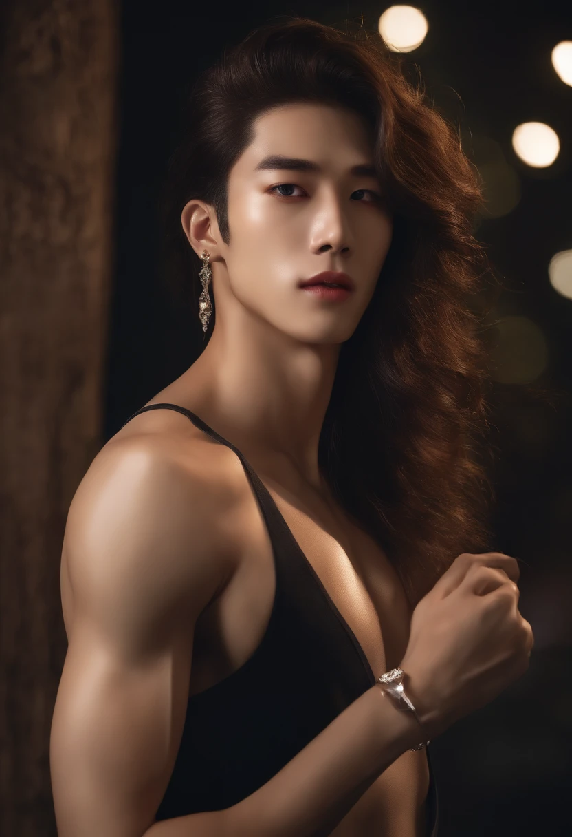 8K, Masterpiece, RAW photography, Best quality, Photorealistic, Highly detailed CG unity 8K wallpaper, Depth of field, Cinematic light, Lens flare, Ray tracing, (Extremely beautiful and attractive face, Beautiful lips, Beautiful eyes), intricate detailed face, (ultra detailed skin), 1 man, In nature, In deep shadows, Beautiful European male, Kpop idol, 1 male, (Very strong and muscular body:1.3), (looki at viewer), (Great firm look) :1.3), (Sleeveless), (Fashion night, Dark night, Neon signs, Blurred background), Fashion Street Night, (people in the back:1.3), Beautiful earrings, bangle, necklace, Pantyhose, Clear eyes, Walking, (Pale skin), (Big eyes), Face forward, (upperbody shots), (baggy clothes:1.3), (Brown hair), (Bosh costumes, (Transparent), (looki at viewer:1.3) Very strong ,, Turn around, (Back shot), Transparent, Medium sized buttocks.Wear a mask，Wear a mask，Wear a mask，Wear a mask，Wear a mask，Wear a mask，Wear a mask，Wear a mask，Wear a mask，Wear a mask，