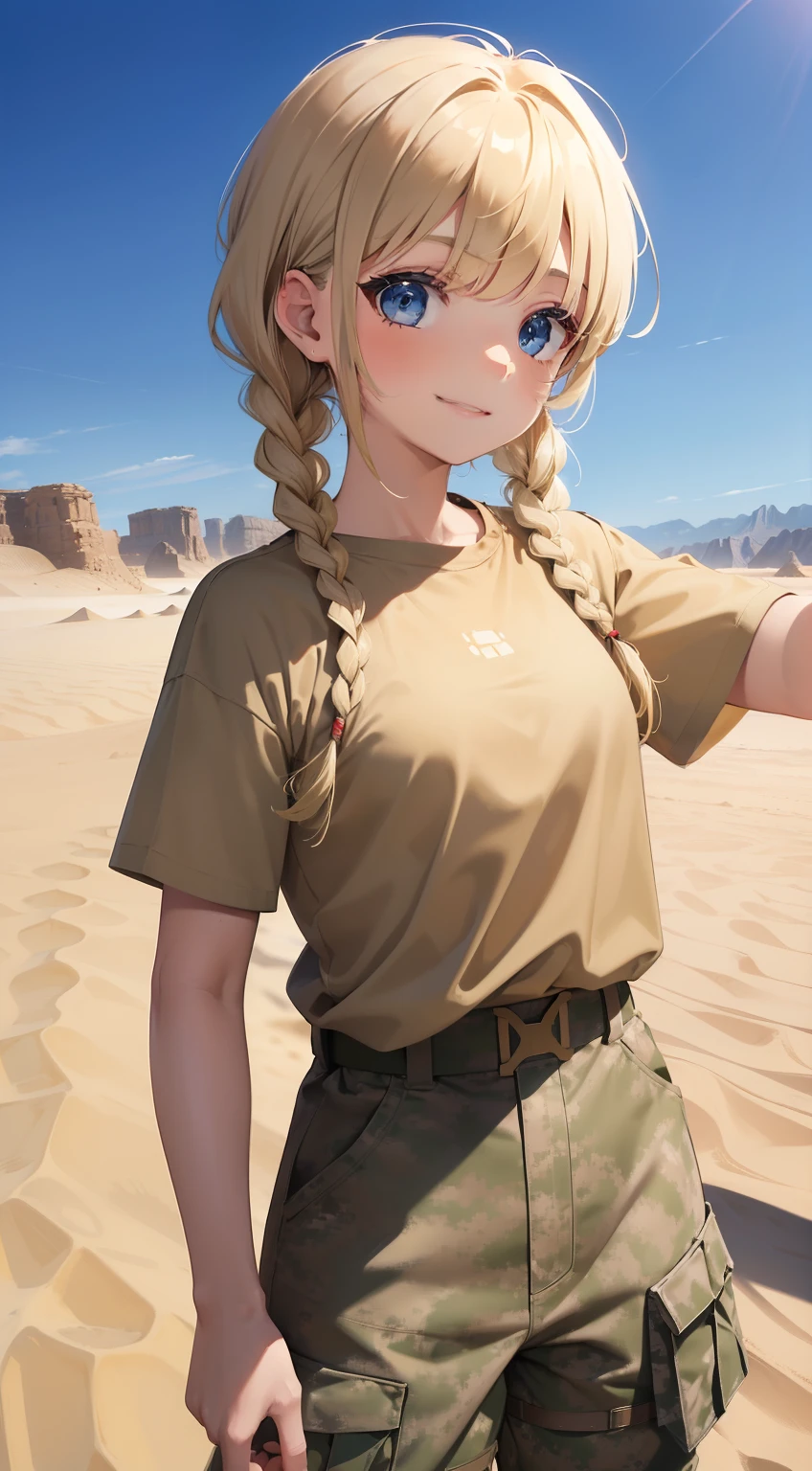 masterpiece, high quality, sand desert on background, (Military personnel:1.5)、(Desert Terrain:1.3), young girl, Smiling, Cute, blue eyes, blonde hair, Bangs hair, Hairstyle with 2 braids, looking up at the camera, Military camouflage pants, Brown-beige T-shirt