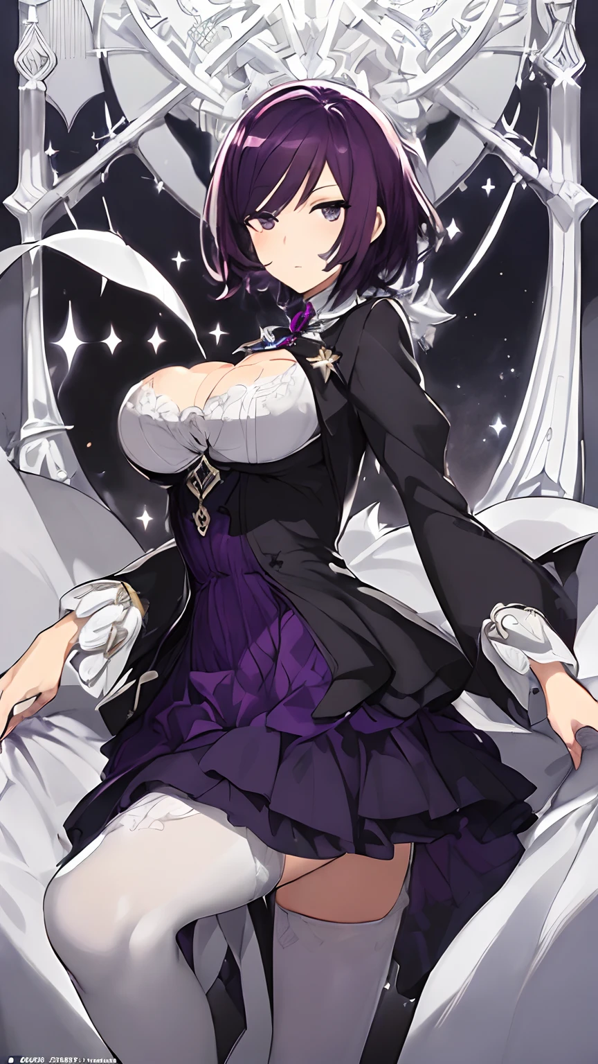 (((tmasterpiece))),(((beste-Qualit))),((ultra-detailliert)),(illustartion),Beautiful tall girl, big breastes, short purple hair, The skin is light grey, kblack eyes, Dressed in light emo style