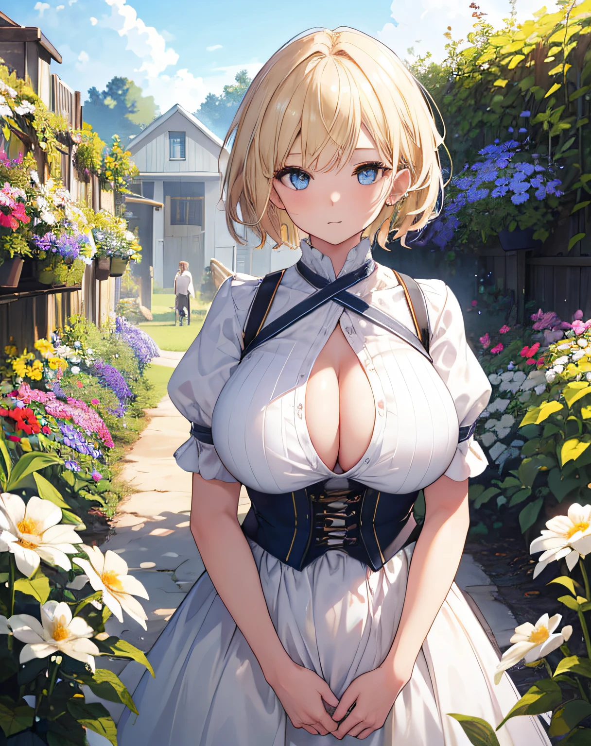 1 girl, solo, best quality, ultra detailed, Blonde, blue eye, naked, short blonde hair, Southern, looking away, from front, portrait, short sleeves, standing, on a farm, flower garden, warm sunlight, massive sized chest, massive sized breast, massive breasts