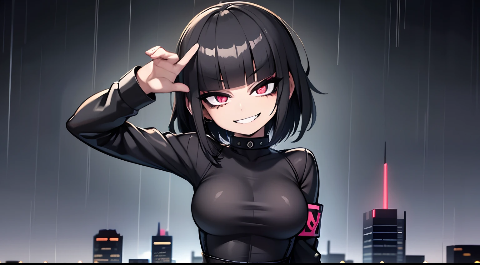 young girl, Blinding Bangs hairstyle, black hair, punk outfit, latex blck top, jeans short, black lips, smiling, goth girl, 4k, in a city, rain city, grey cloudy sky, 4k, looking at viewer, masterpiece