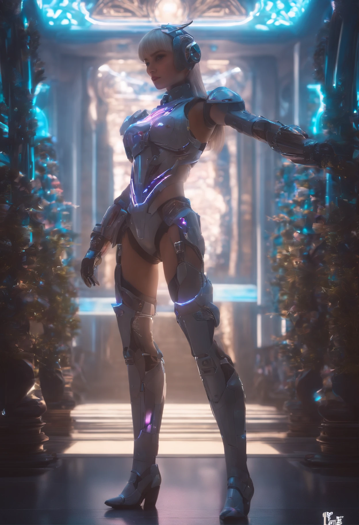 MASTERPIECE li,Stars are anthropomorphic,traje transparentes,cyberpunk, dreamy glow, bright neon lights, ( global ilumination, Trazado de rayos, HDR, Renderizado irreal,Reasonable design, Alto nivel de detalle, Obra maestra, La mejor calidad, hiper HD, cinematography lighting), Mecha Musume, traje translucido, senos roboticos, pelo alzado arriba de la cabeza